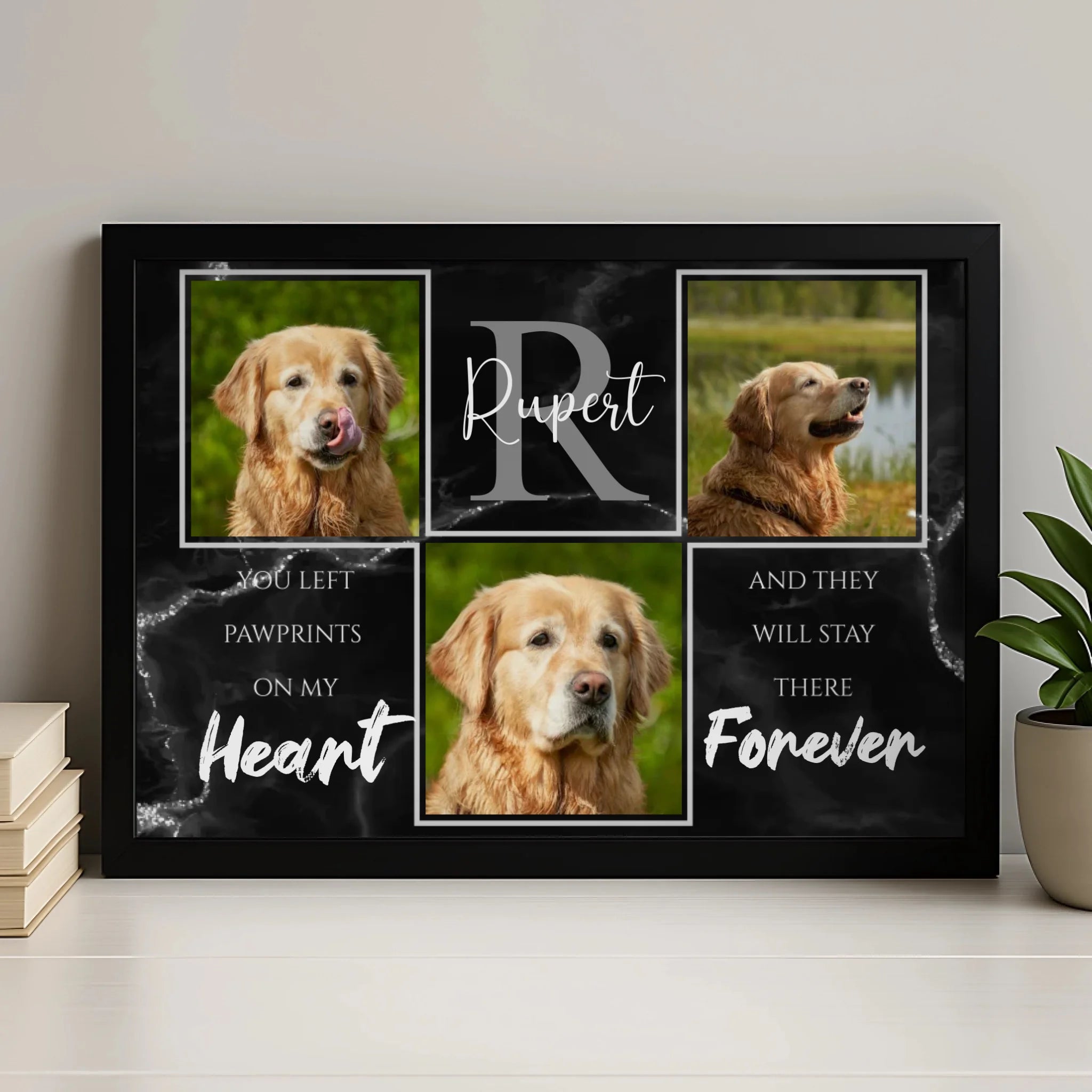 Personalised pet memorial photo frame with custom dog photo collage and pawprint tribute text