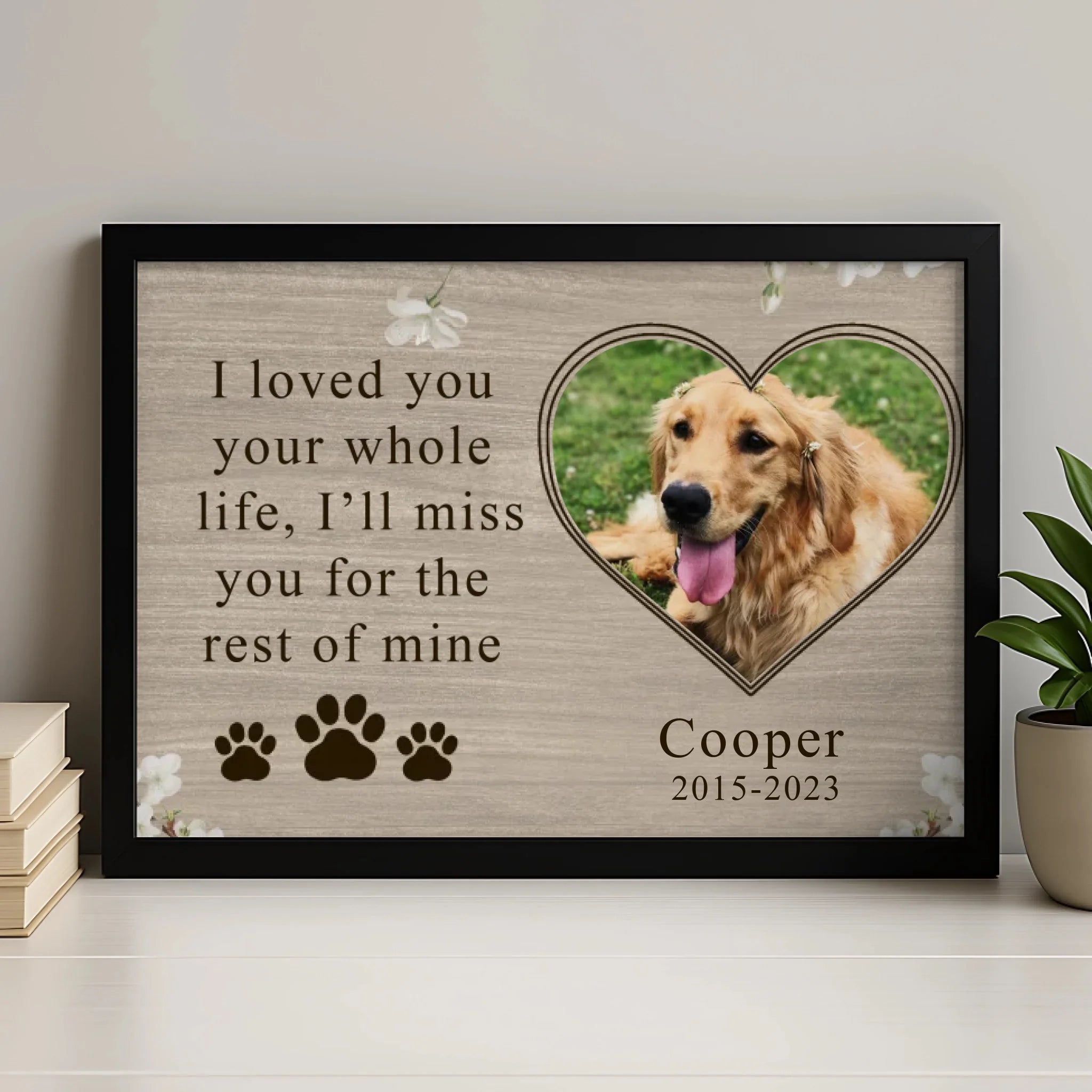 Personalised pet memorial photo frame with custom dog photo and pawprints on my heart text