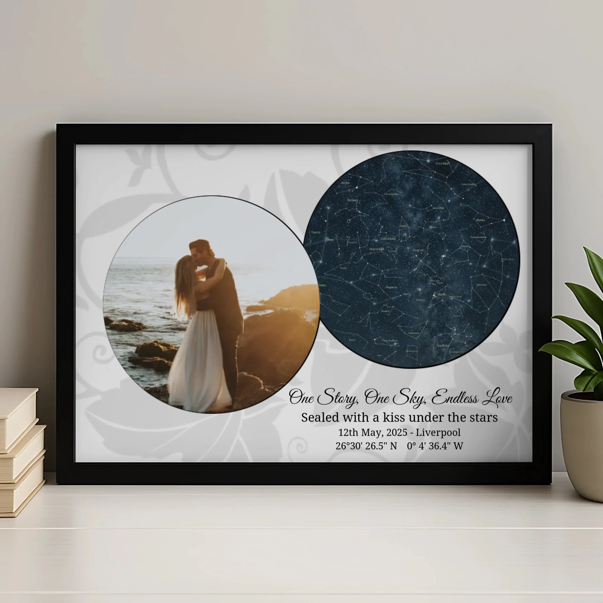 Personalised star map print displayed in a custom photo frame showing a night sky