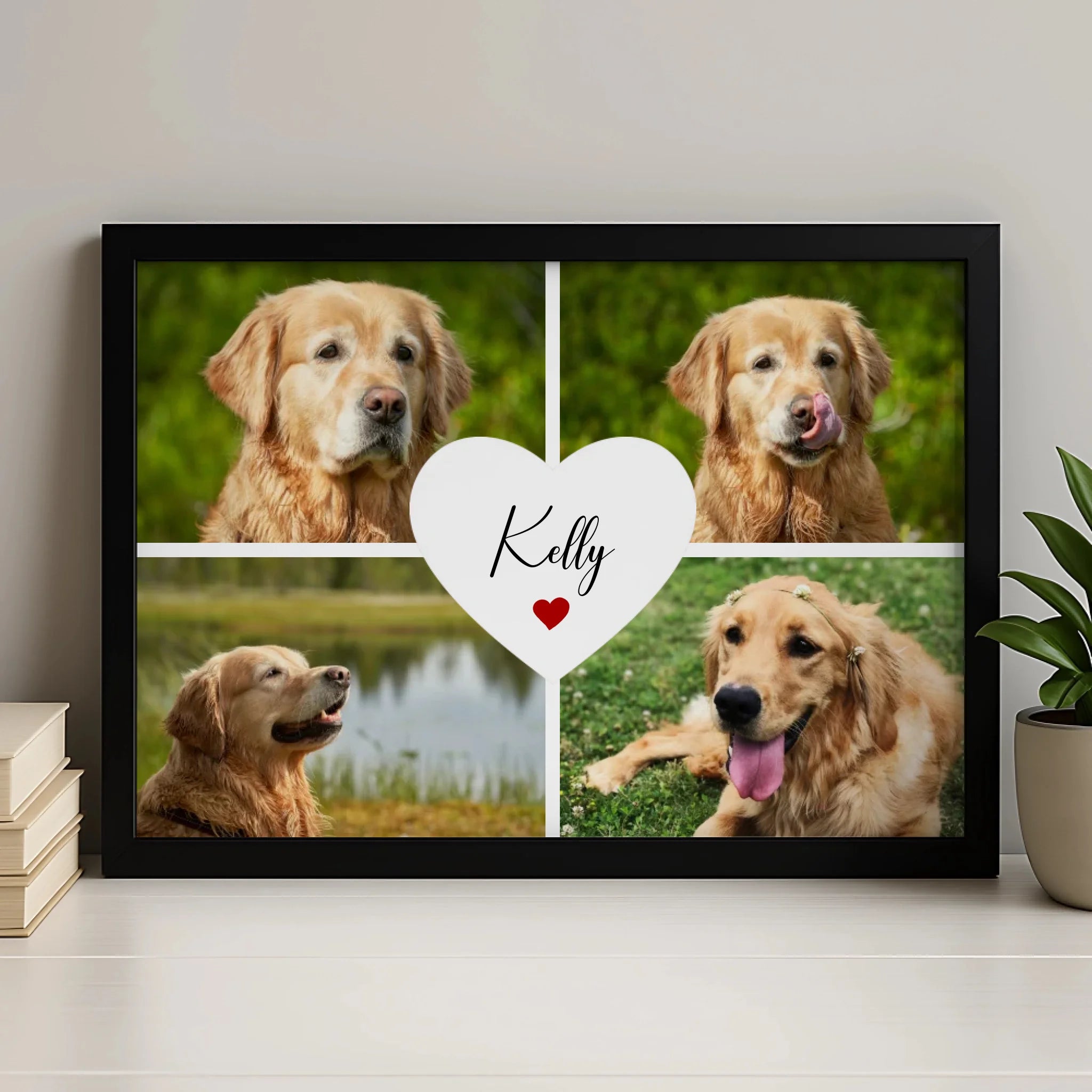 Personalised pet photo collage frame with heart design displayed on a wall