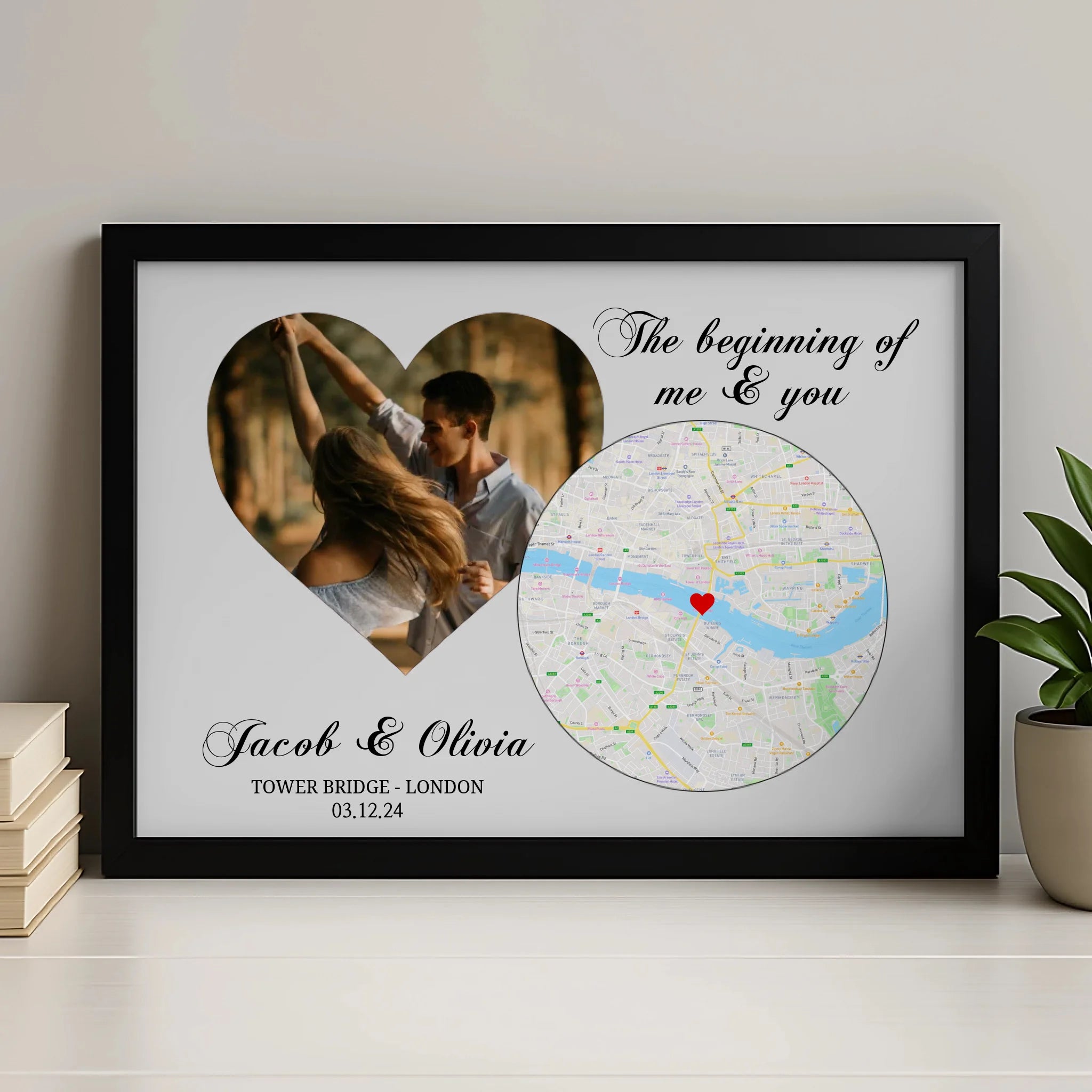 Personalised photo and map print showing a custom location with names, date and heart photo cutout