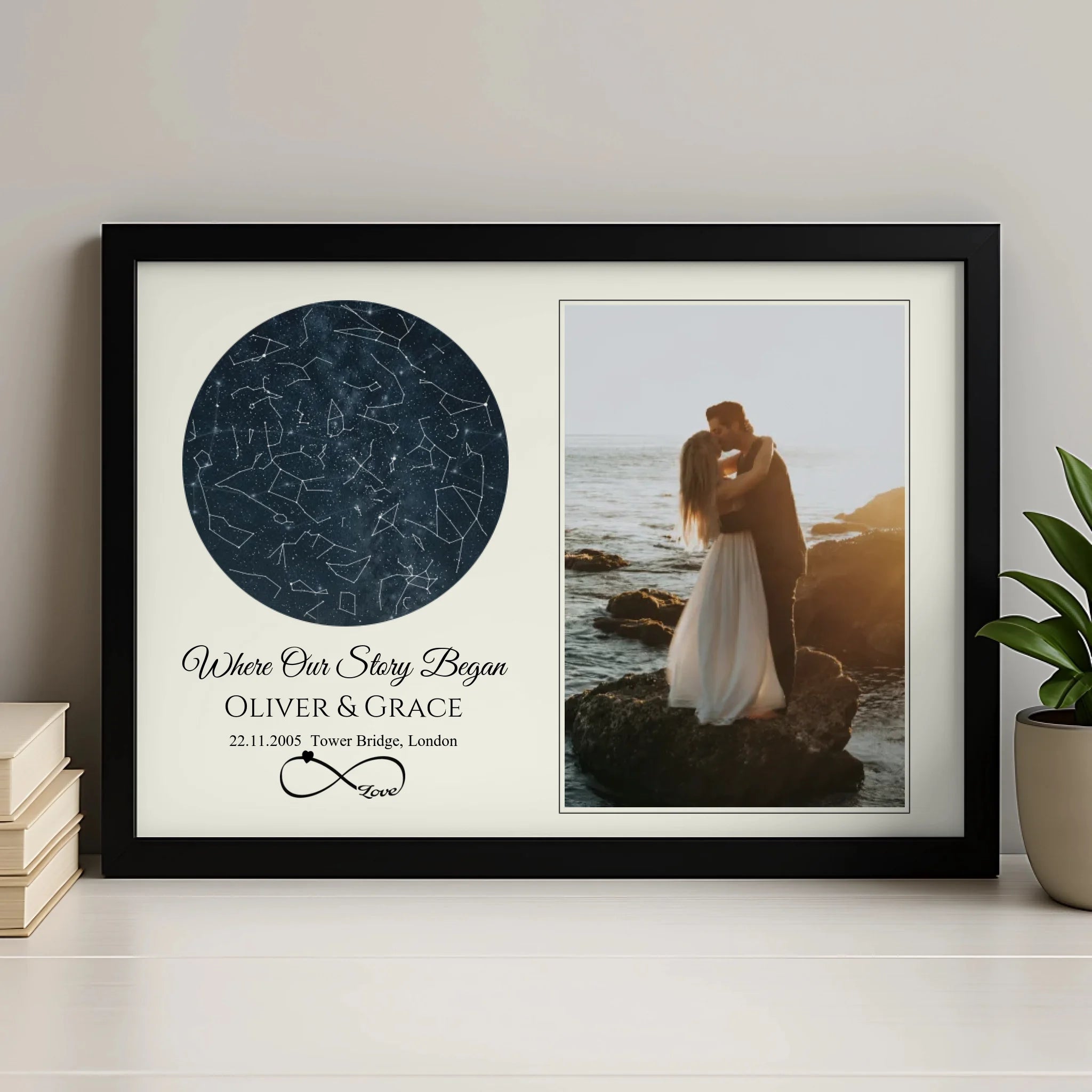 Personalised photo and star map print showing a custom night sky with names and date in a black frame