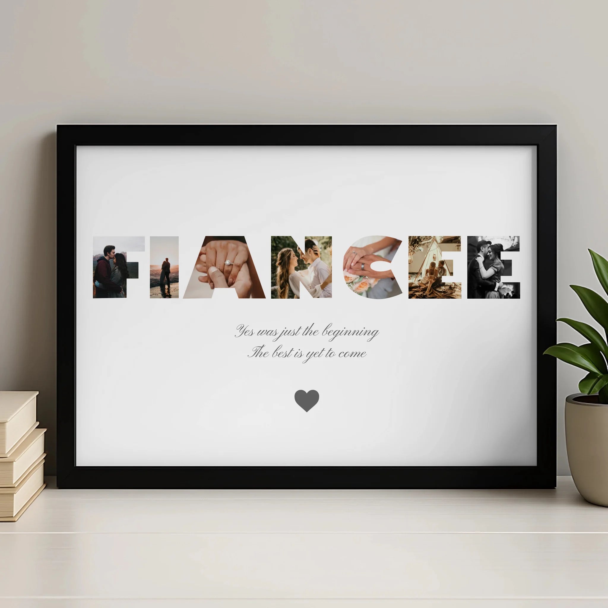 Personalised fiancée photo collage print with custom photos arranged to form the word Fiancée