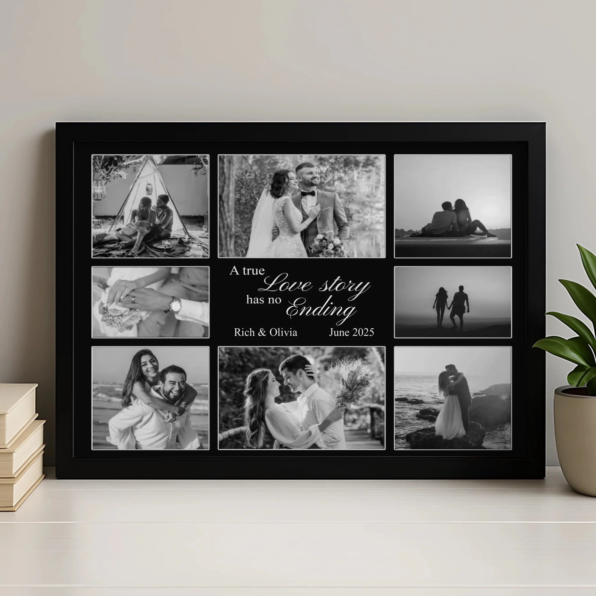 Personalised photo collage print with 8 photos and a custom quote, shown in a white frame
