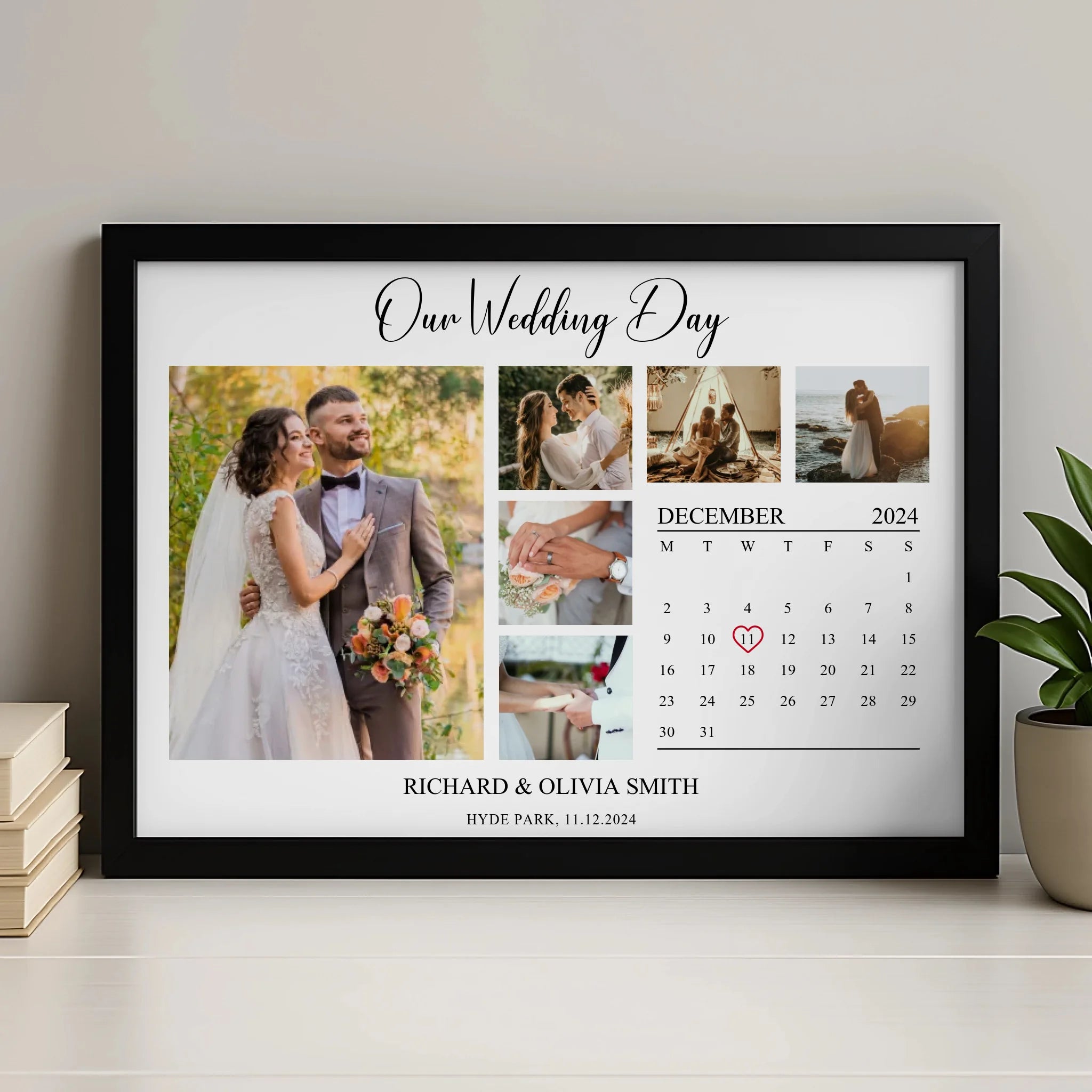 Personalised photo collage and calendar print with custom names and date in a white frame