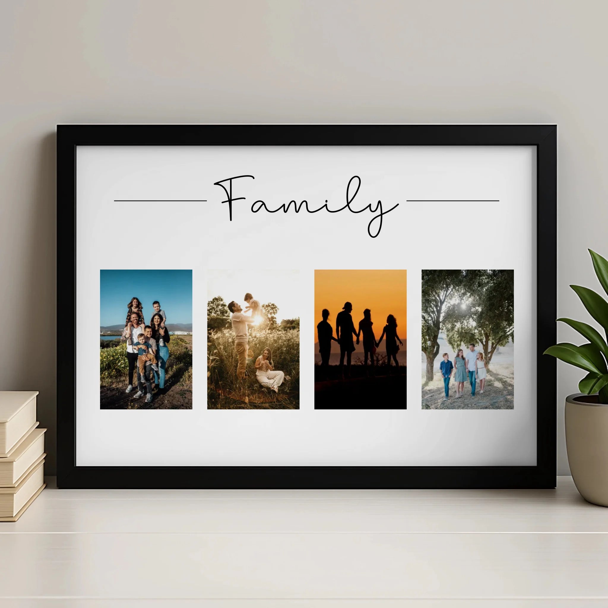 Personalised family photo collage print displayed in a white frame on a wall