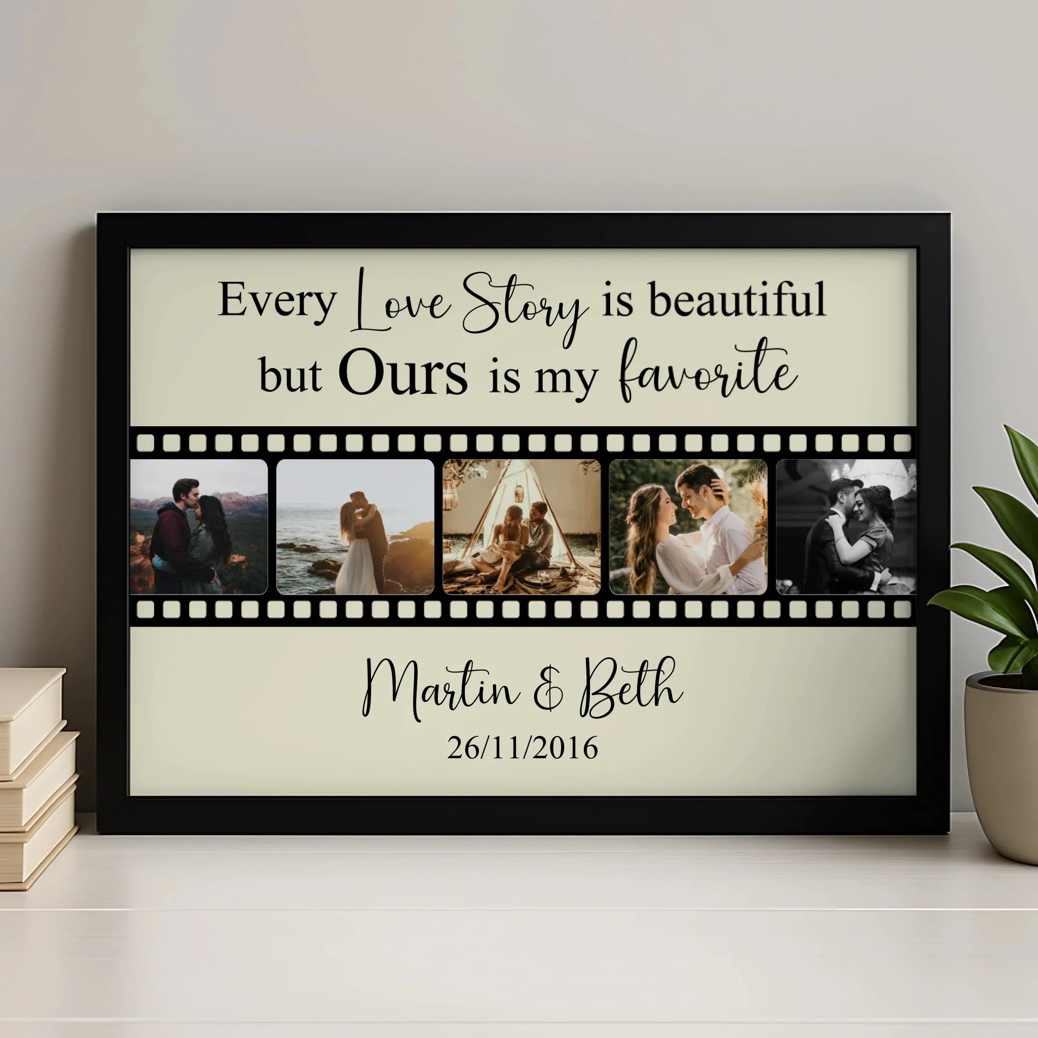 Personalised film strip photo collage print with custom names and date