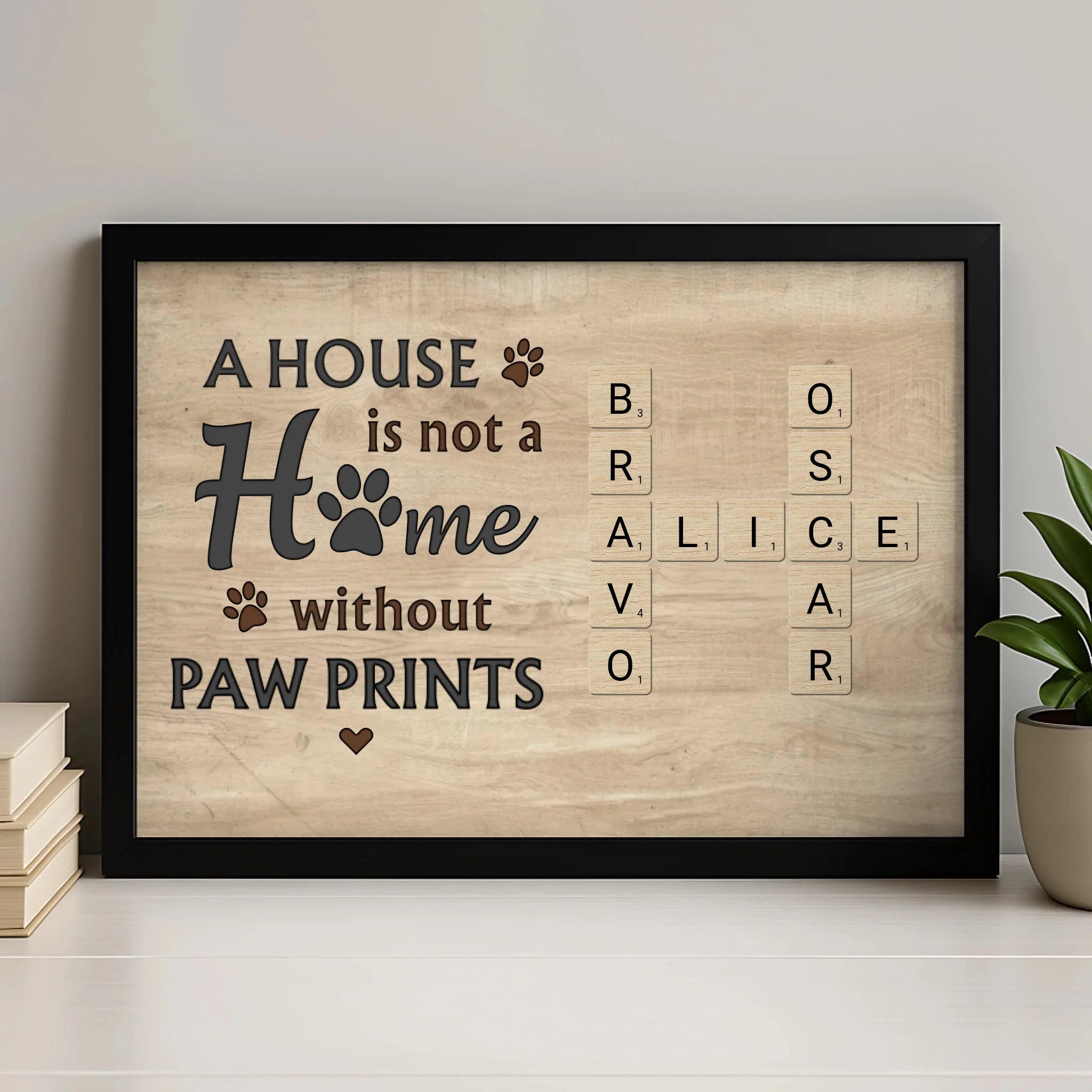Personalised pet crossword name tile frame showing multiple pet names arranged in a crossword grid