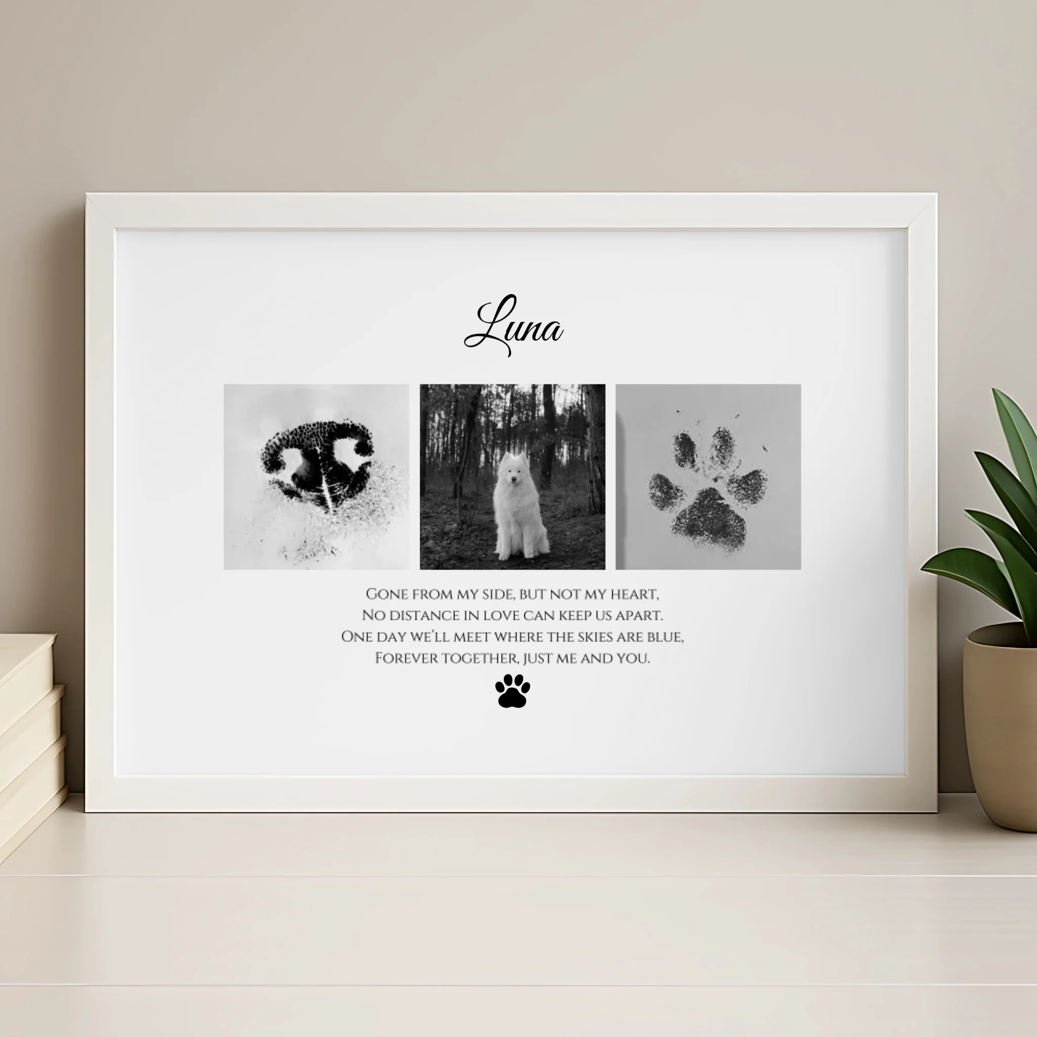 Personalised dog memorial photo slate in wood finish with paw print and photo