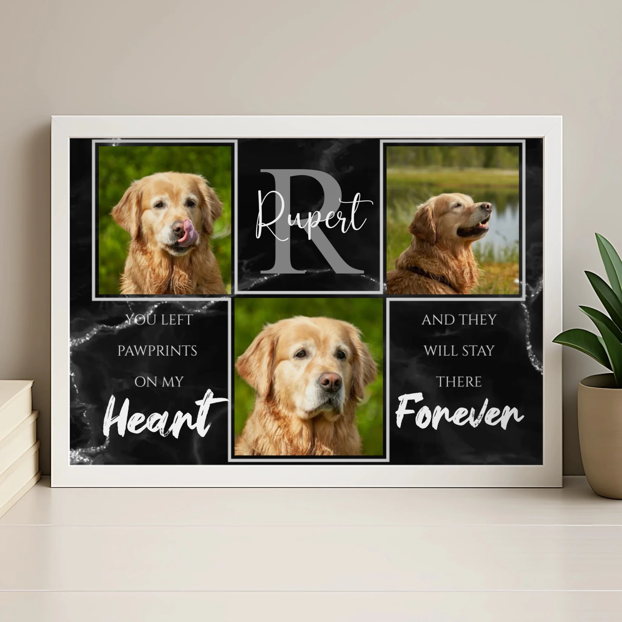 Wood effect personalised pet memorial photo frame with dog collage and pawprint text