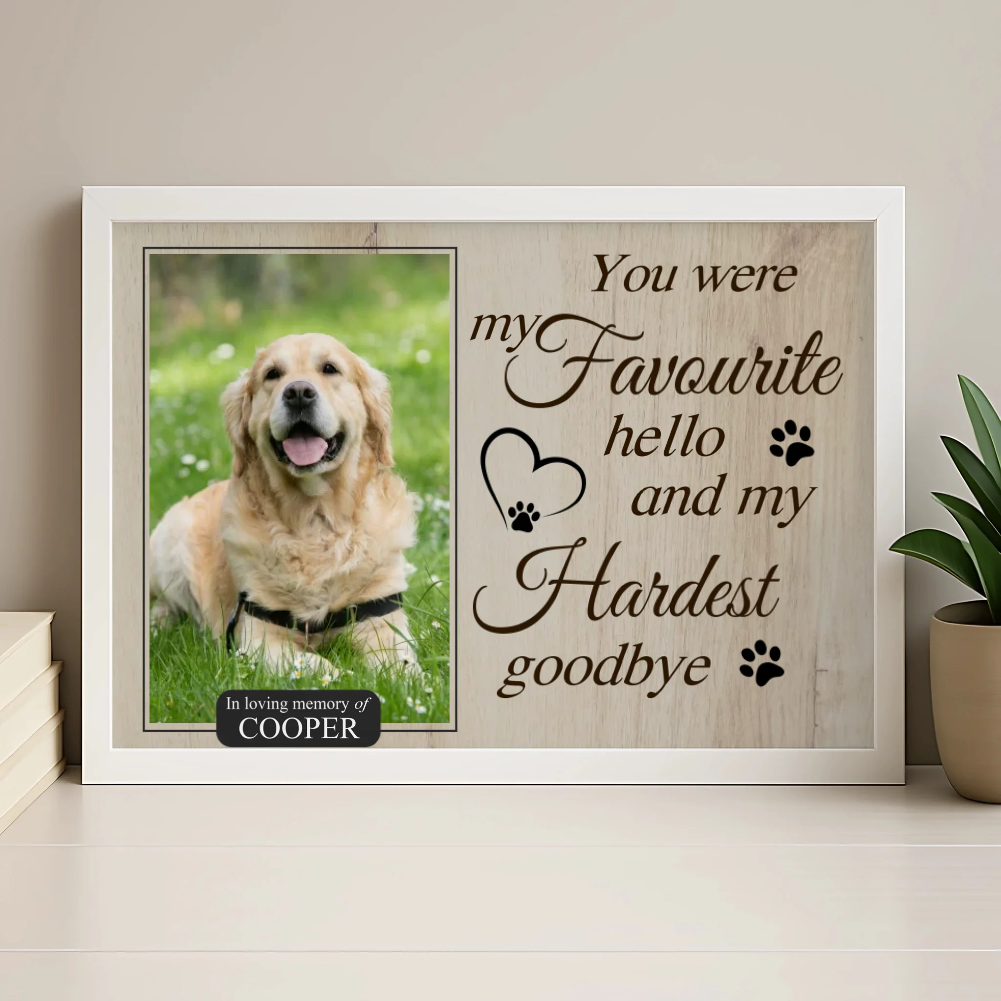 Personalised pet memorial frame in wood finish with custom photo and farewell quote