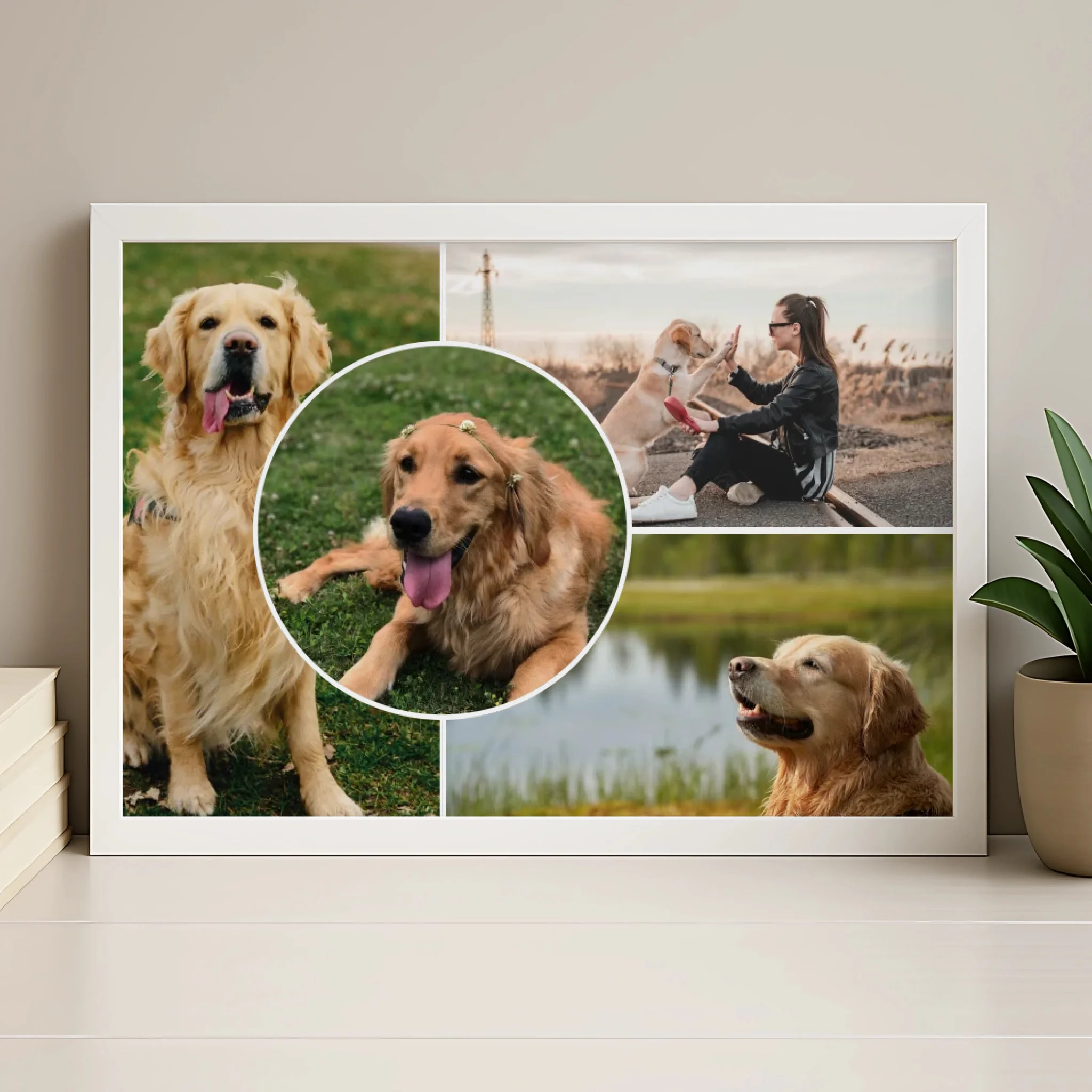 Personalised dog photo collage frame with wood effect mount finish