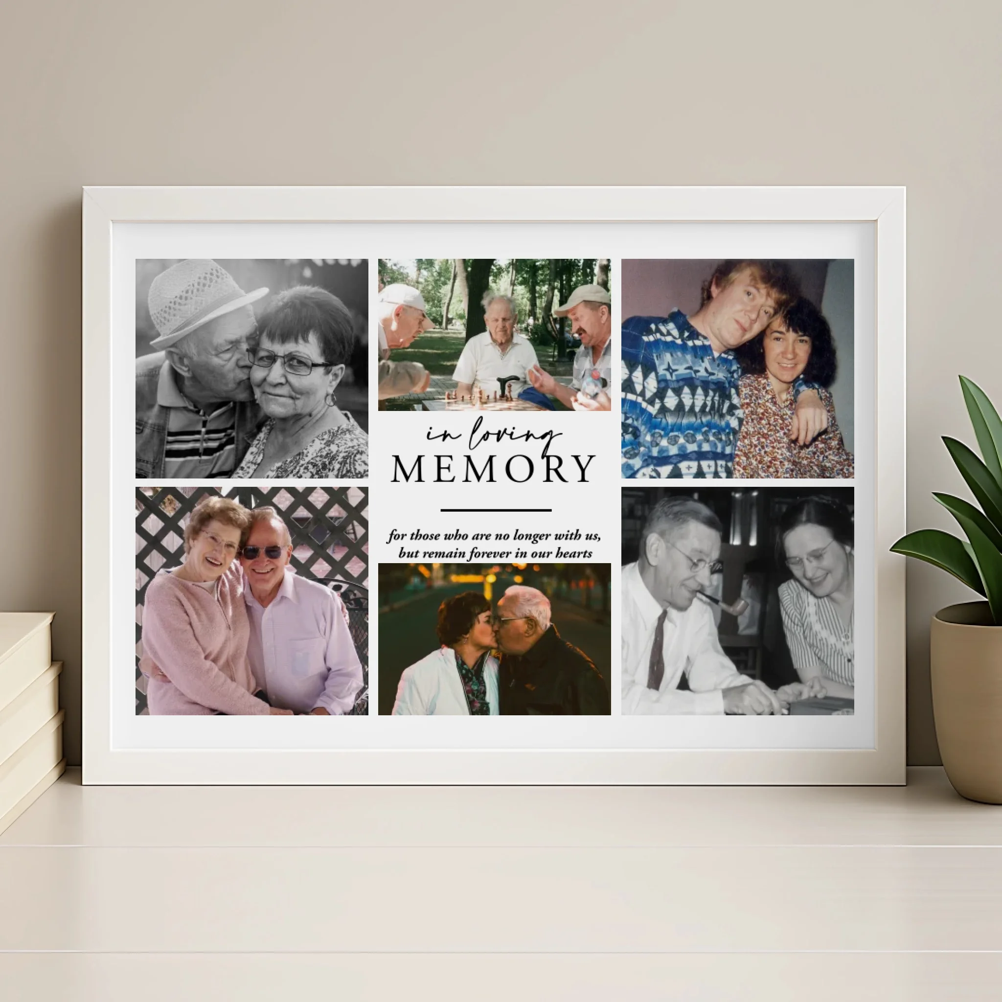 Personalised memorial photo collage frame in wood finish with custom text and photos