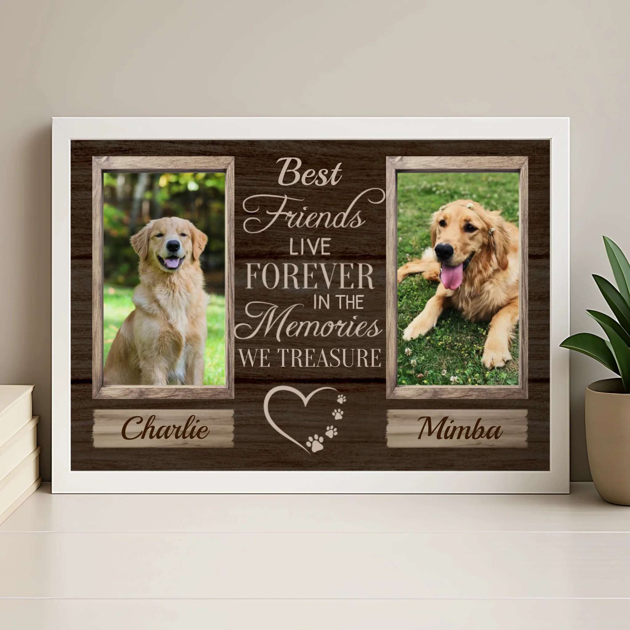 Wood frame option for personalised pet memorial photo frame for two pets