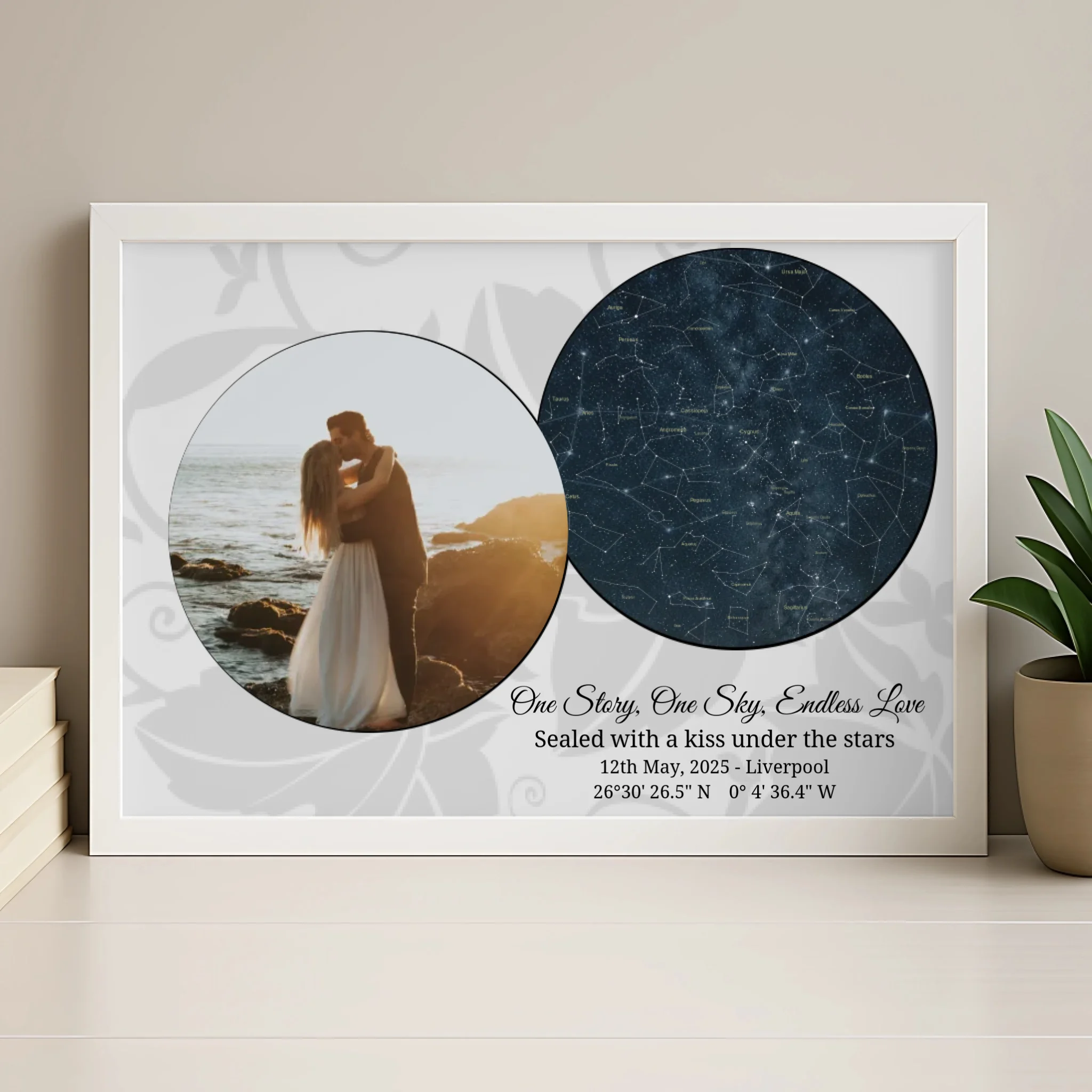 Personalised star map photo frame in a white finish
