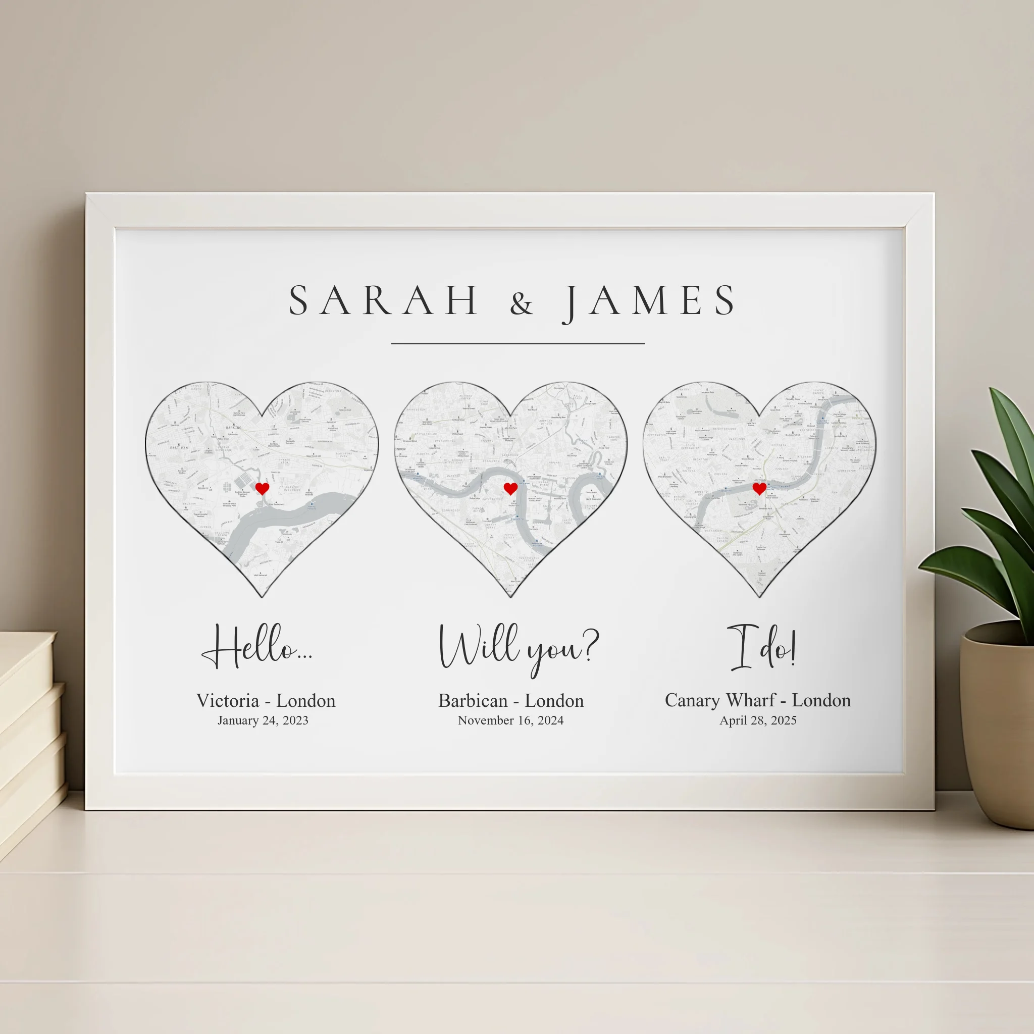 Wood frame option for personalised custom map print with text