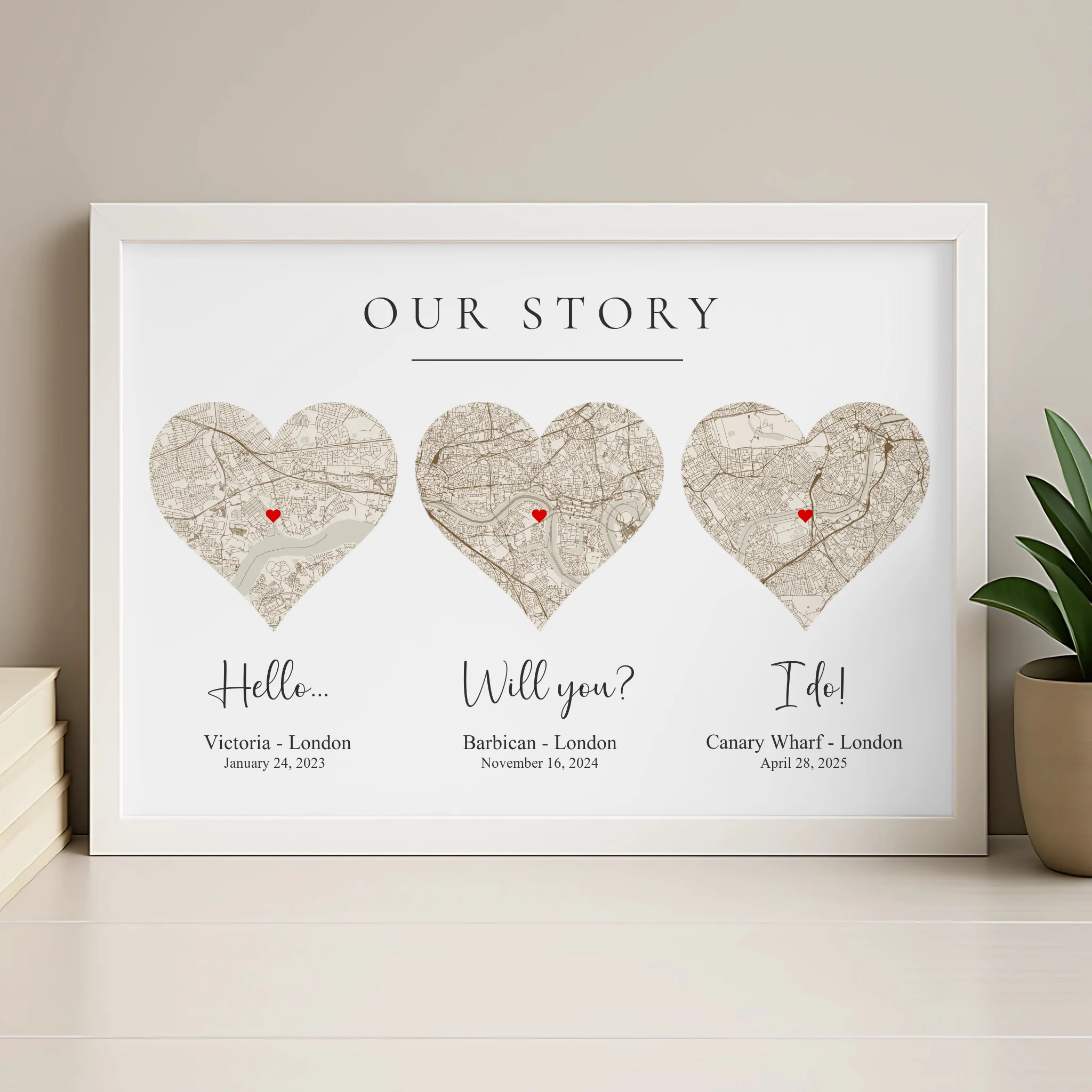 Our Love Story personalised map print in wood frame displayed as a wedding or engagement keepsake
