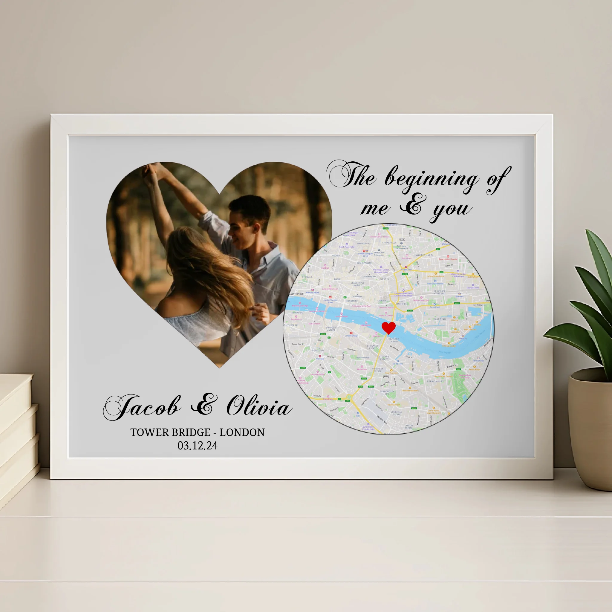 Personalised photo and map print in a wood frame showing a custom location