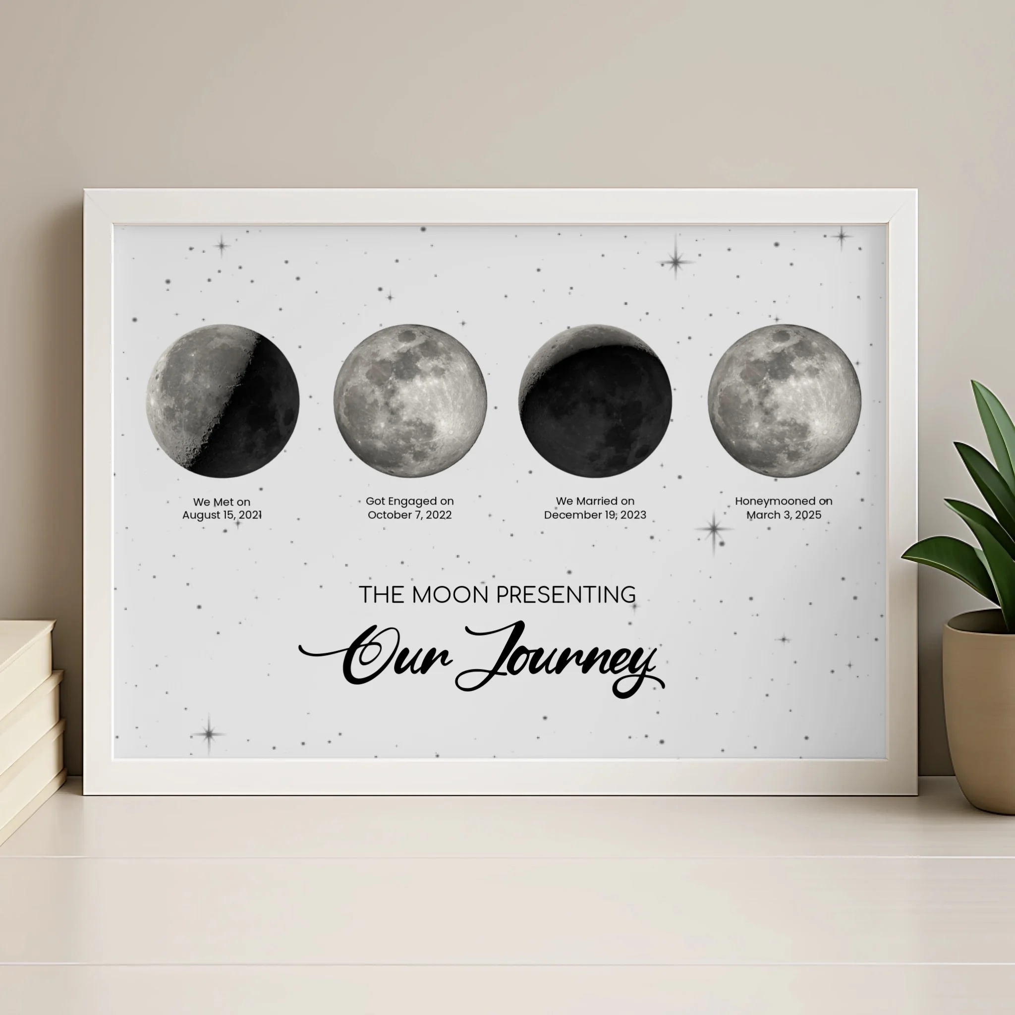 Personalised moon phase print in a natural wood frame showing four custom dates