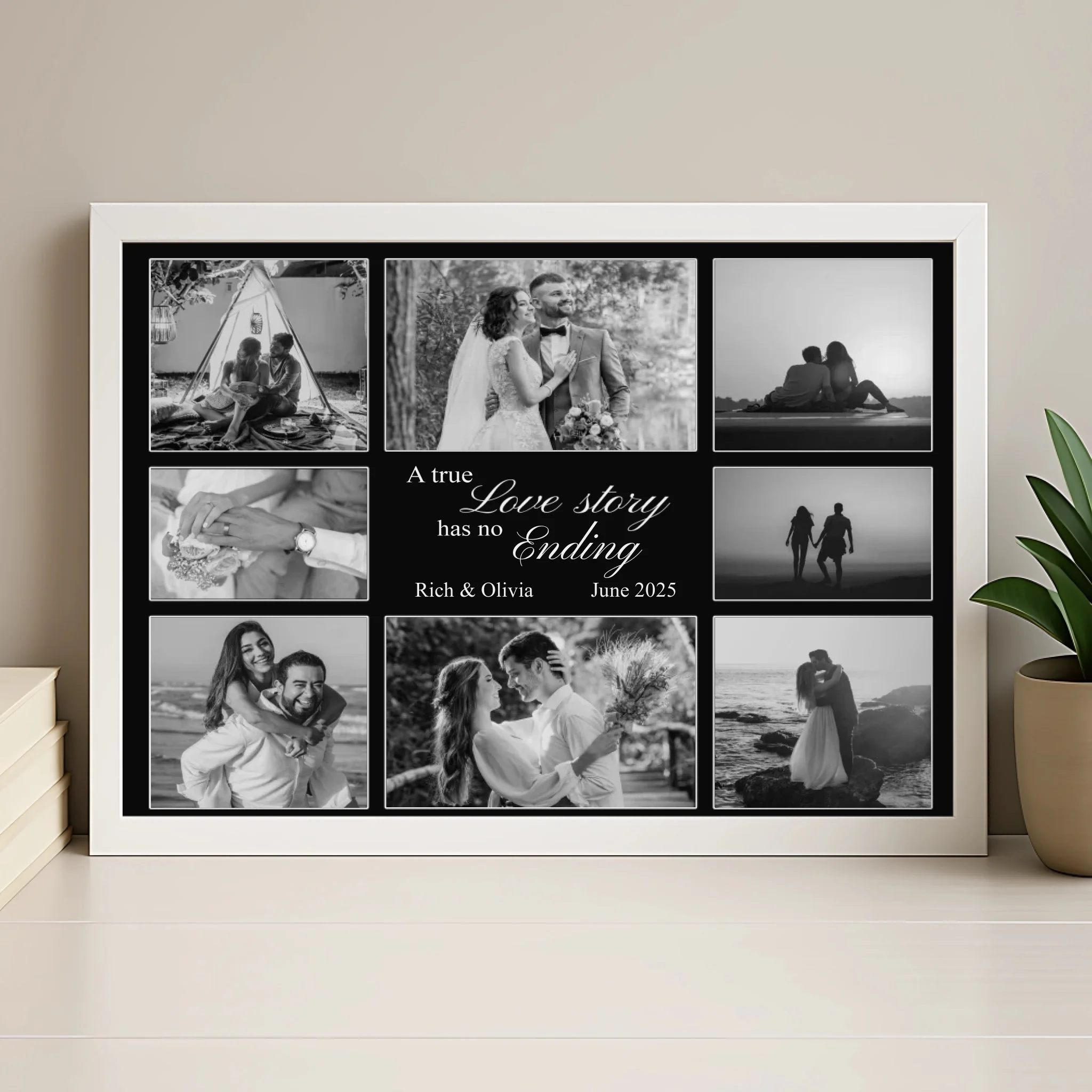 Personalised photo collage print in a wood effect frame with 8 photos and a printed quote