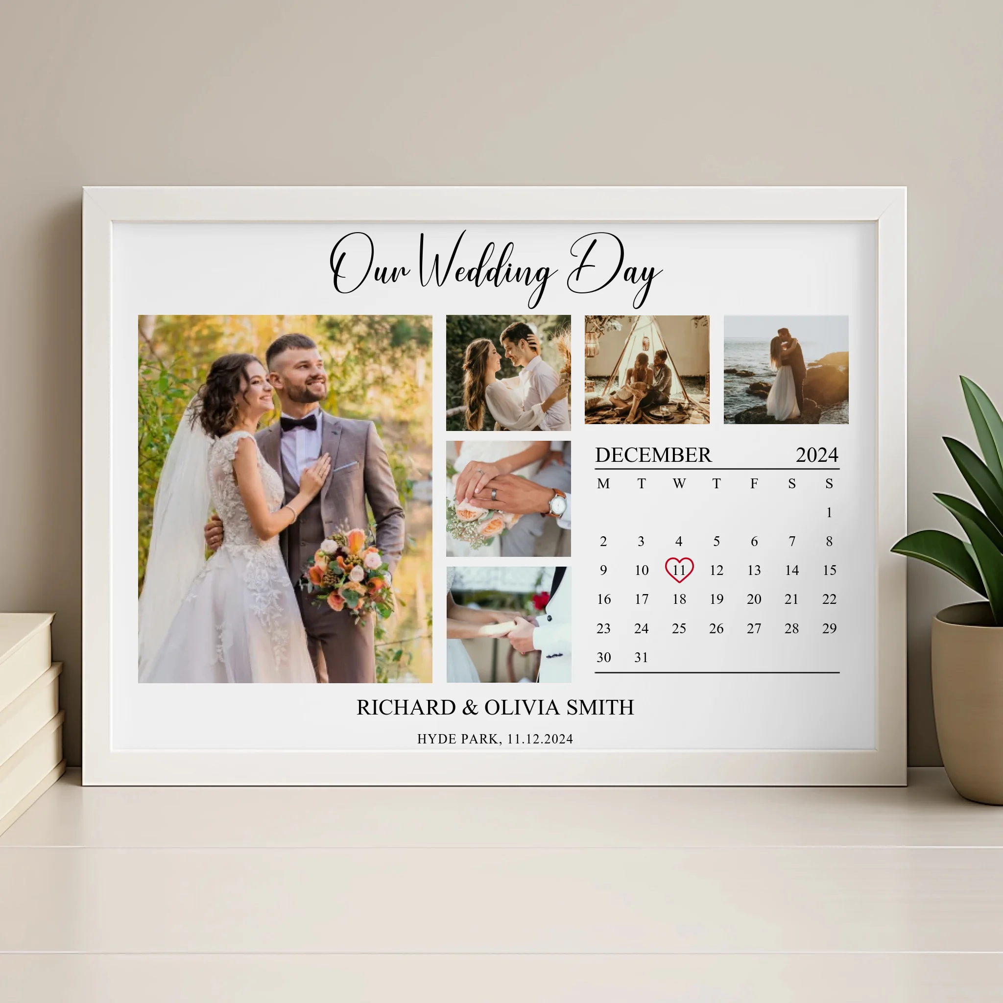 Personalised photo frame print in light wood frame showing custom photo collage and date