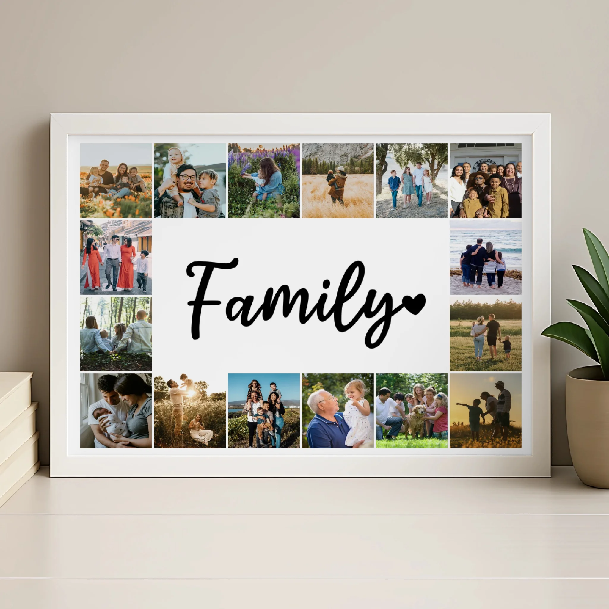 Personalised 16-photo family collage print in a wood-effect frame, A3 size