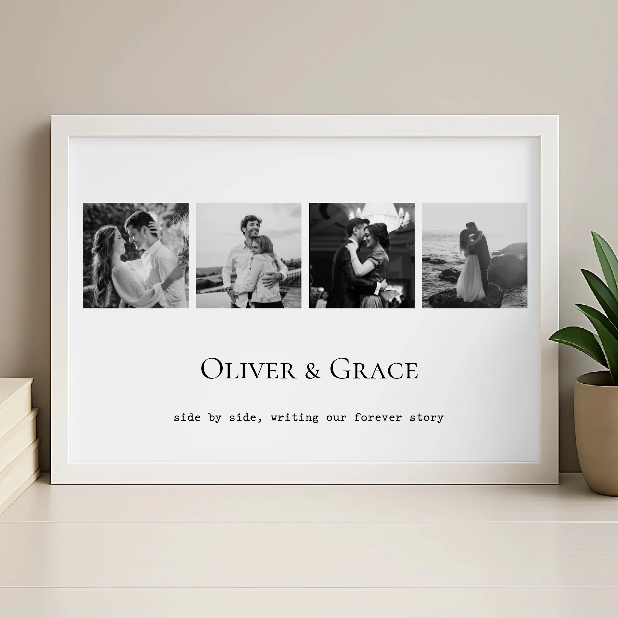 Personalised photo frame in wood finish with four black and white photos and quote