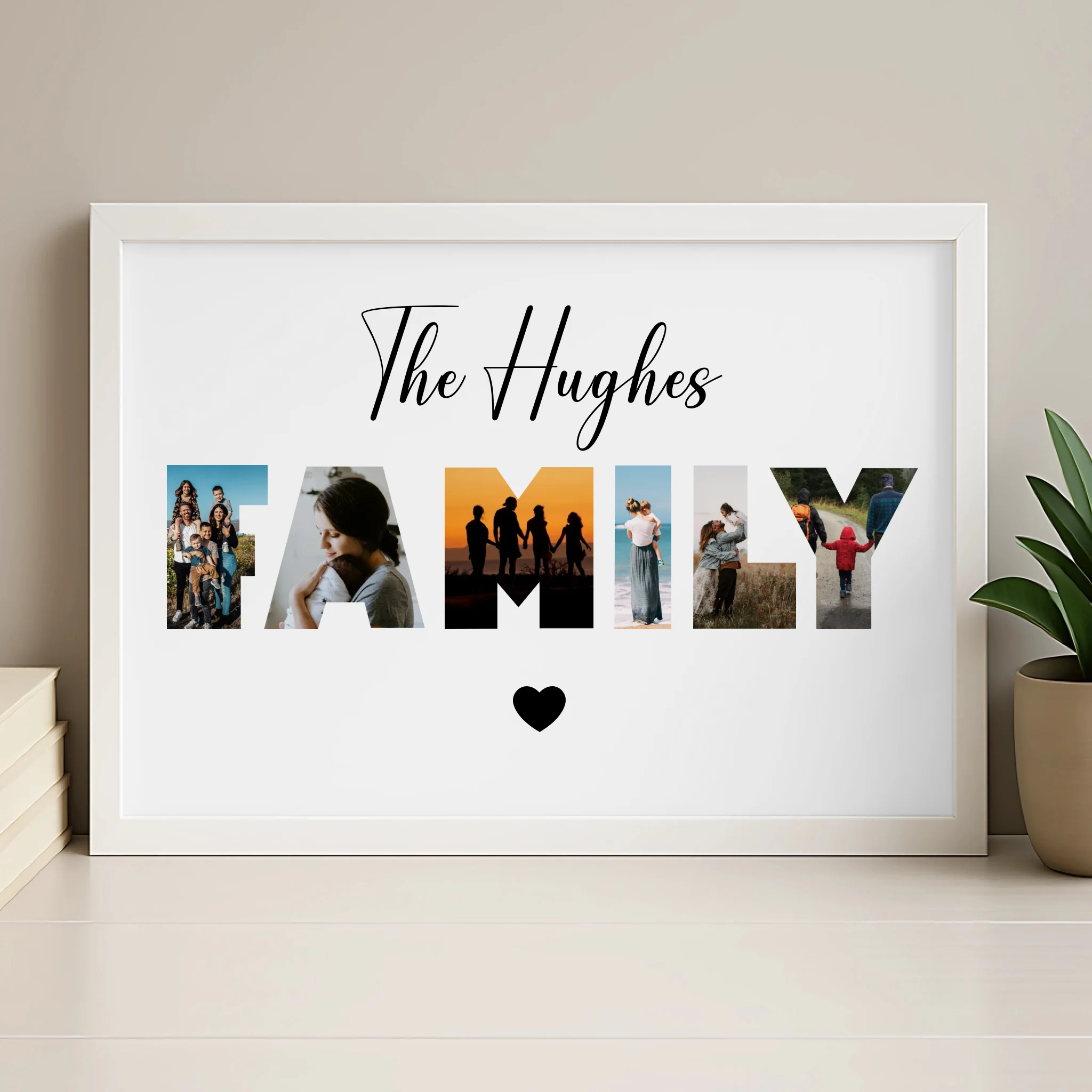 Personalised family photo collage print in a light wood frame