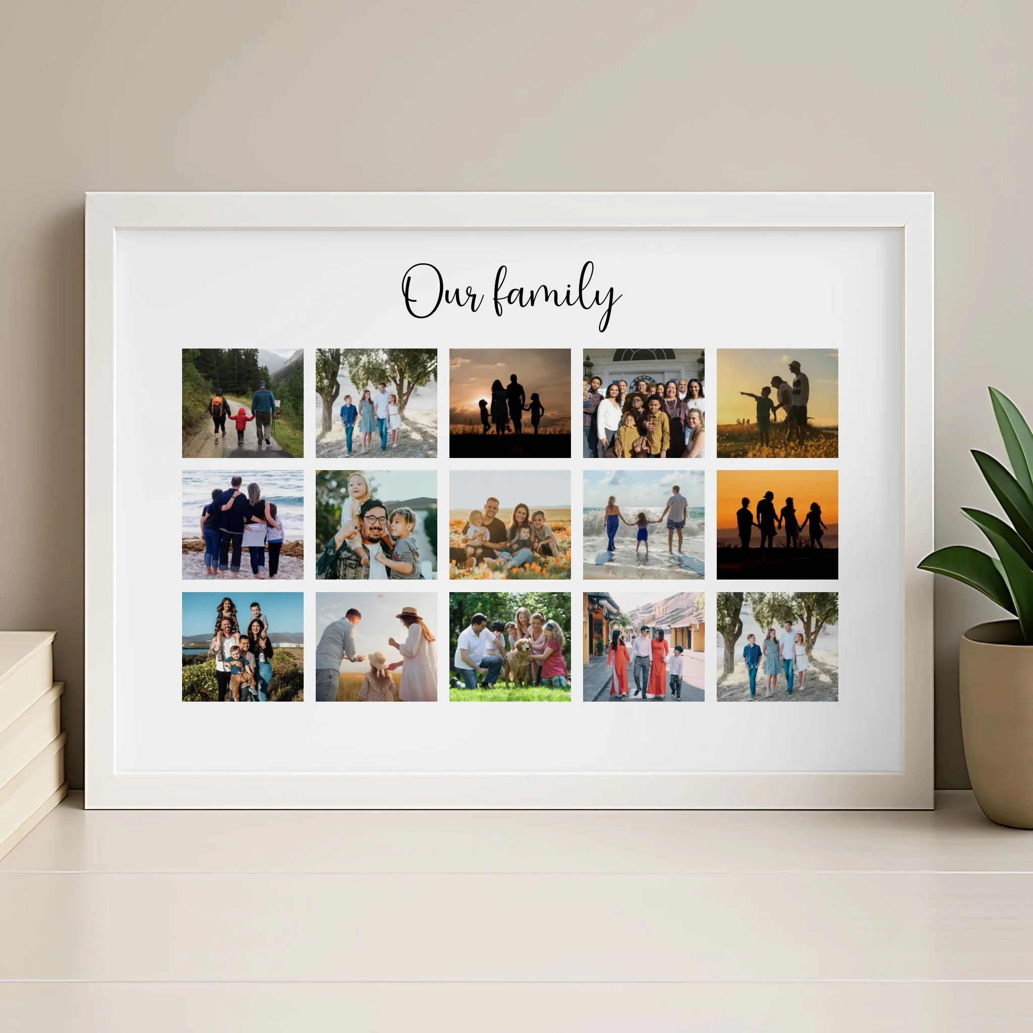 Personalised photo frame in wood finish with family photos and custom text