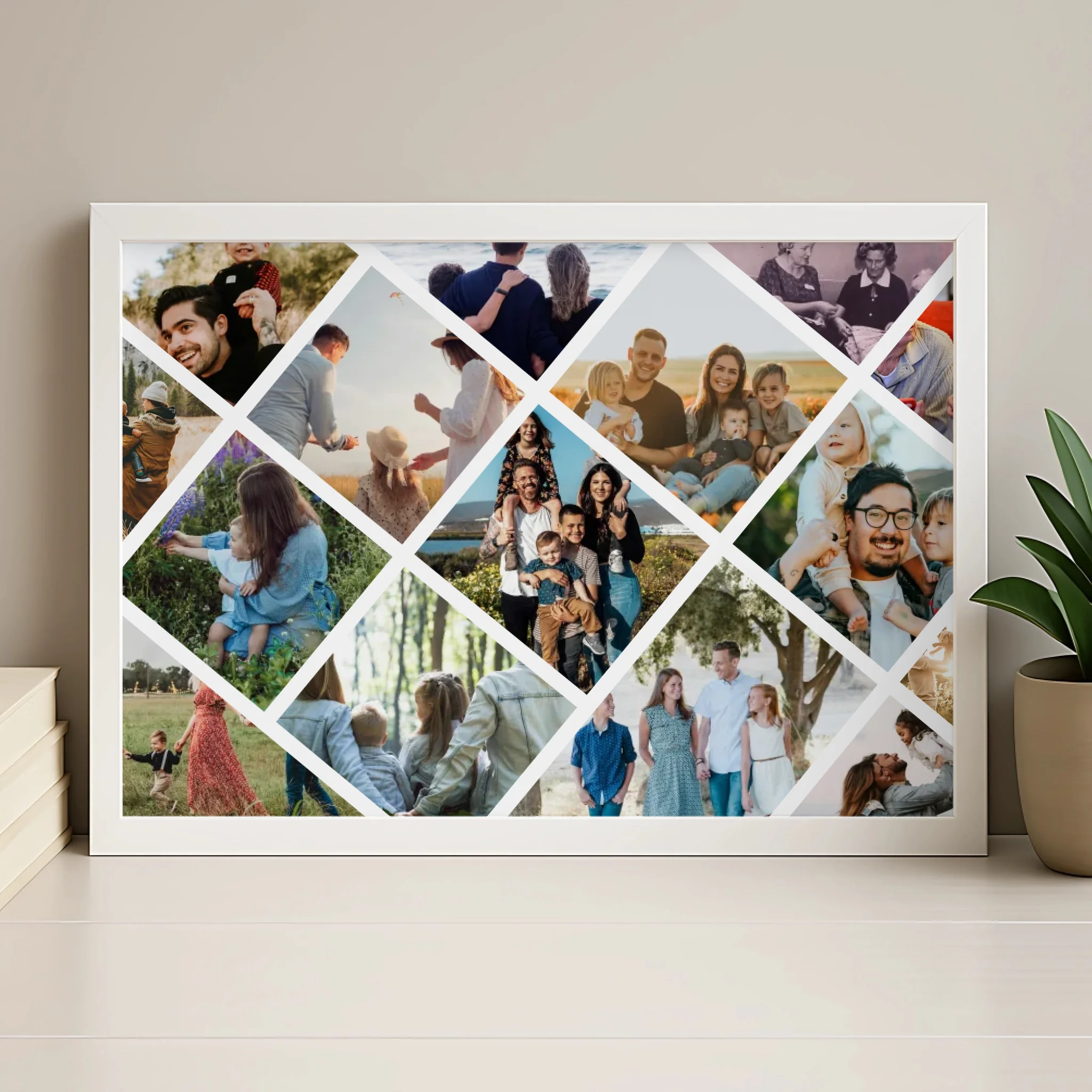 Personalised 15 photo diamond grid collage print in natural wood frame