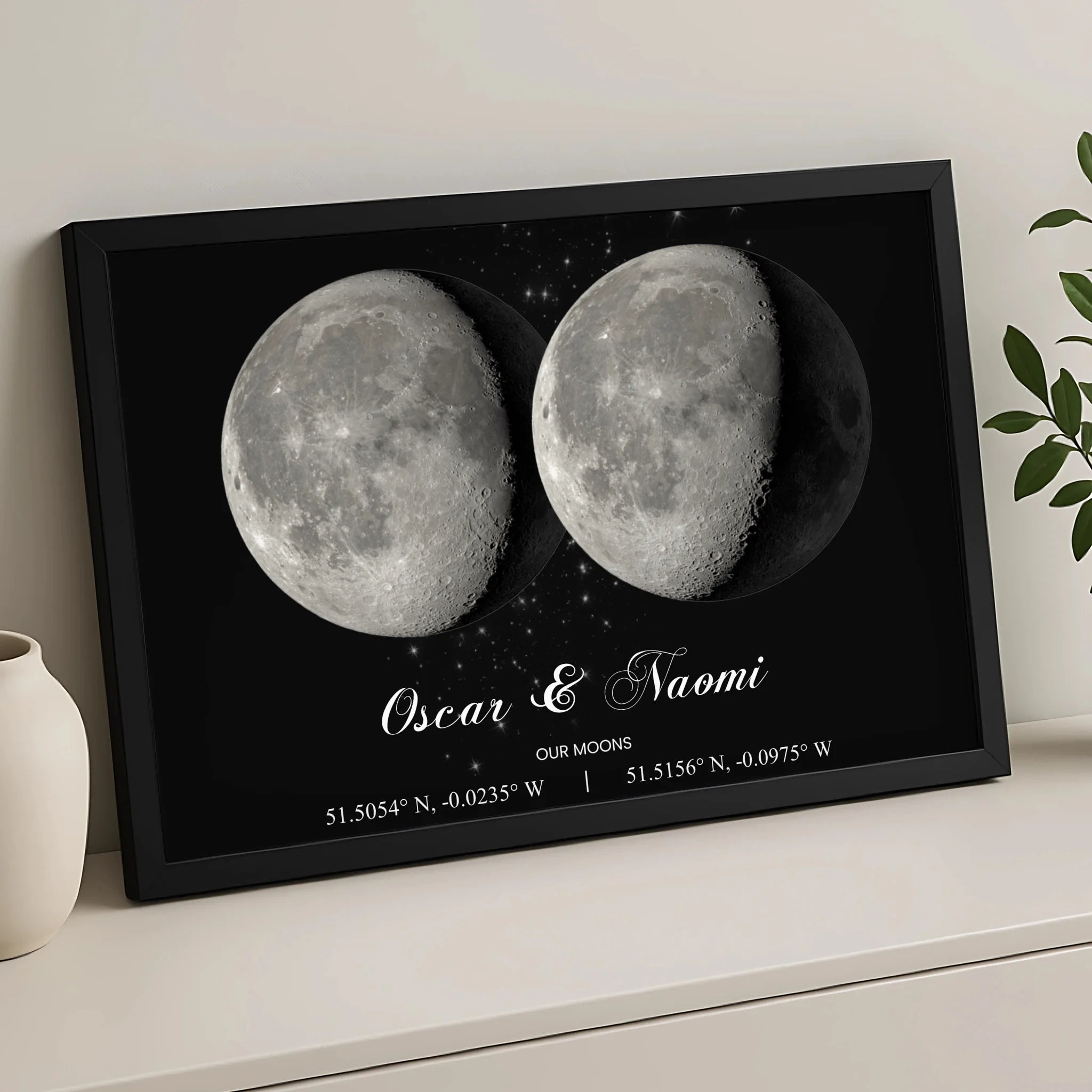 Custom dual moon phase print with couple names, dates and coordinates in a white A3 frame