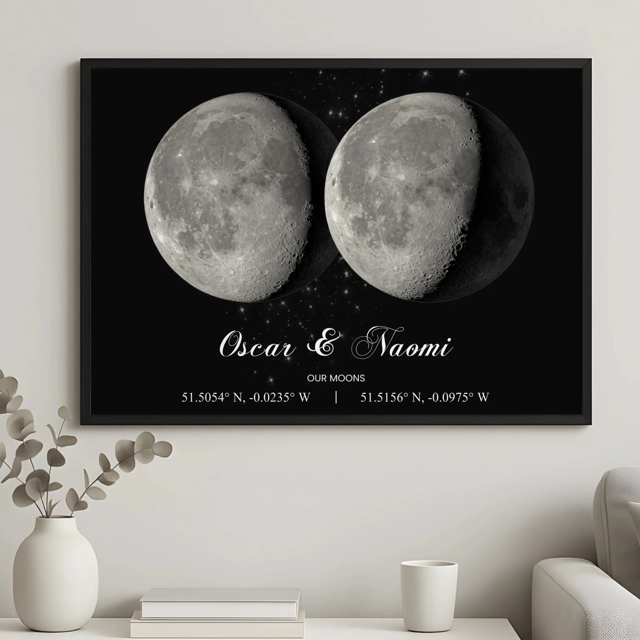 Personalised moon phase wall art print with coordinates and date in a frame