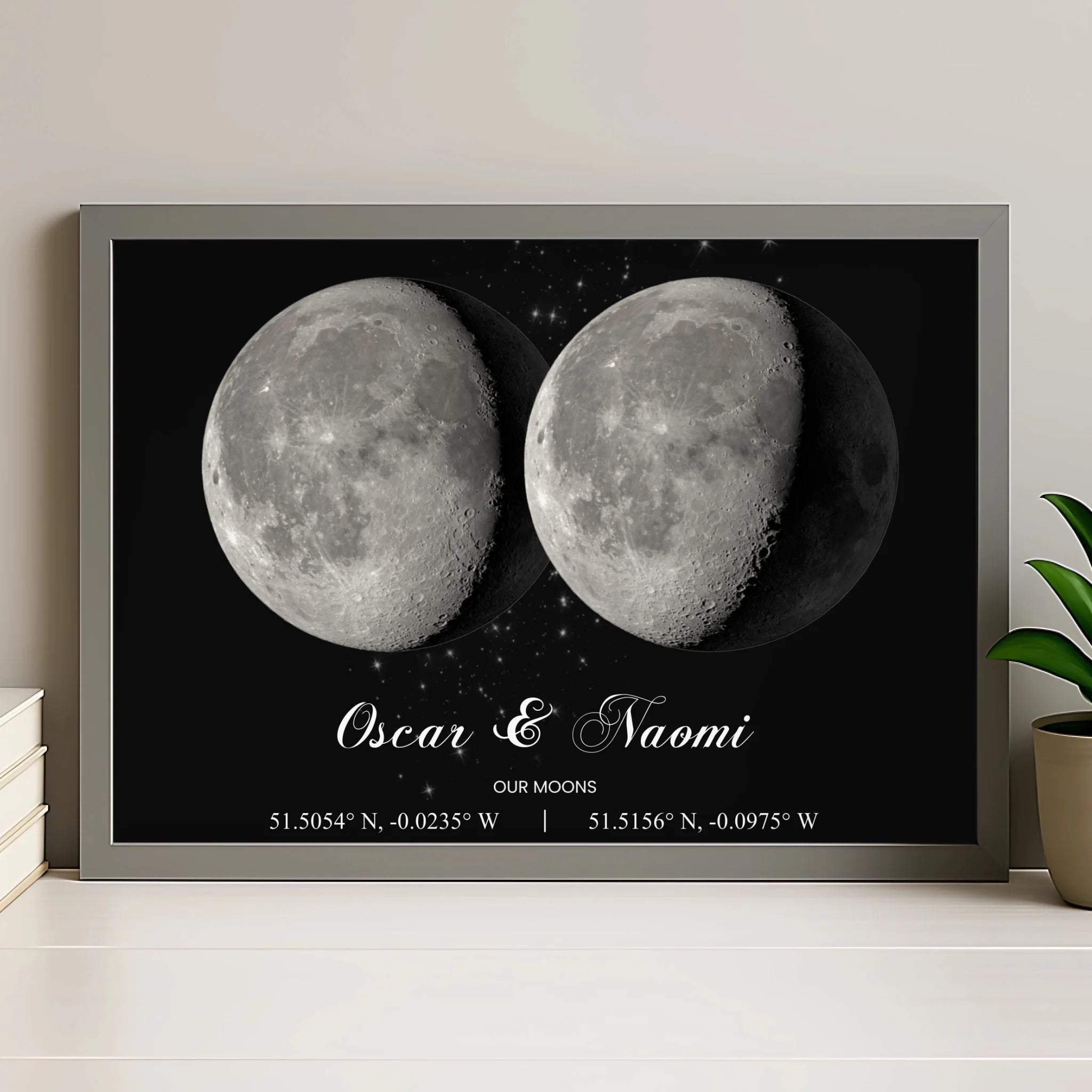 Personalised moon phase framed print in grey frame option