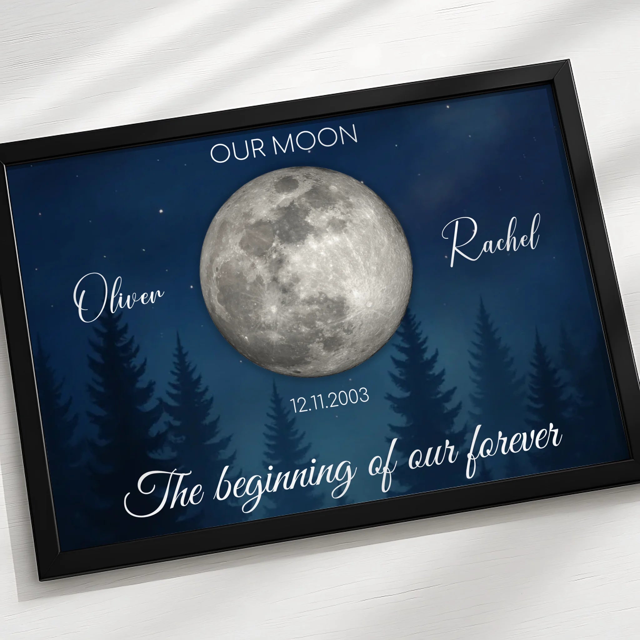 Framed personalised moon phase print with custom quote and names, A4 size