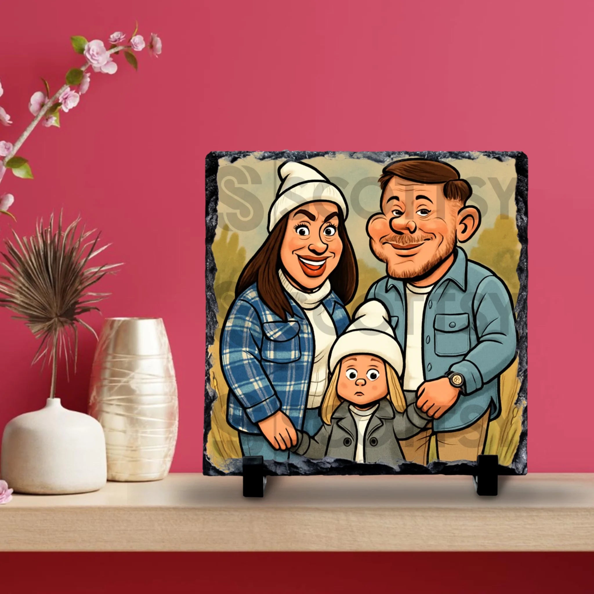 Custom photo slate showing a cartoon portrait style illustration