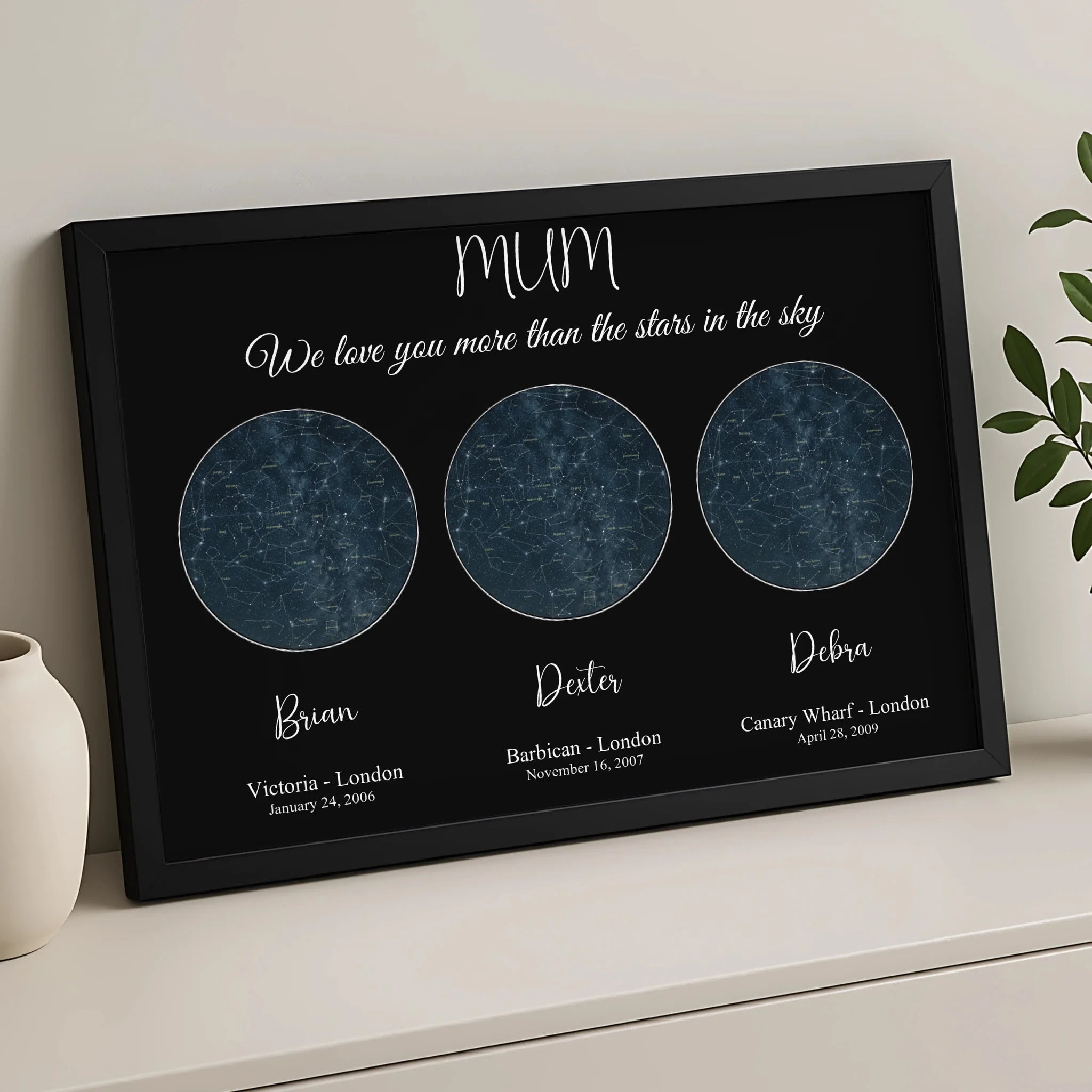 Custom star map photo frame gift with two star charts and personalised text