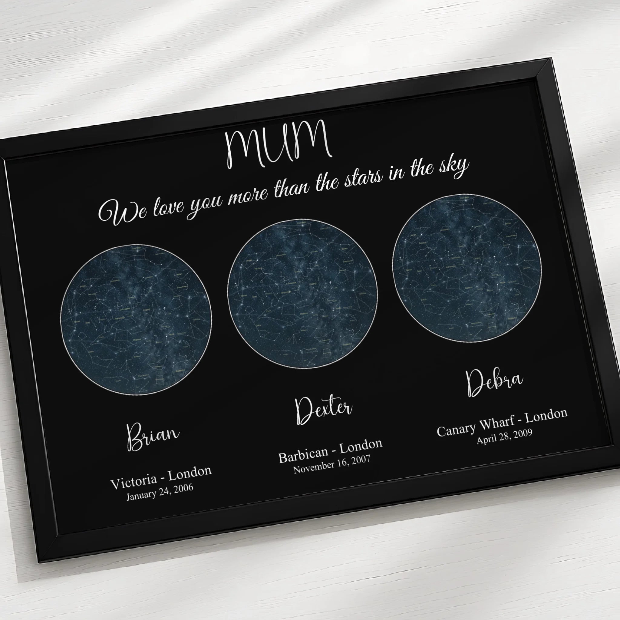 Custom night sky photo frame gift showing star positions for a chosen date and location