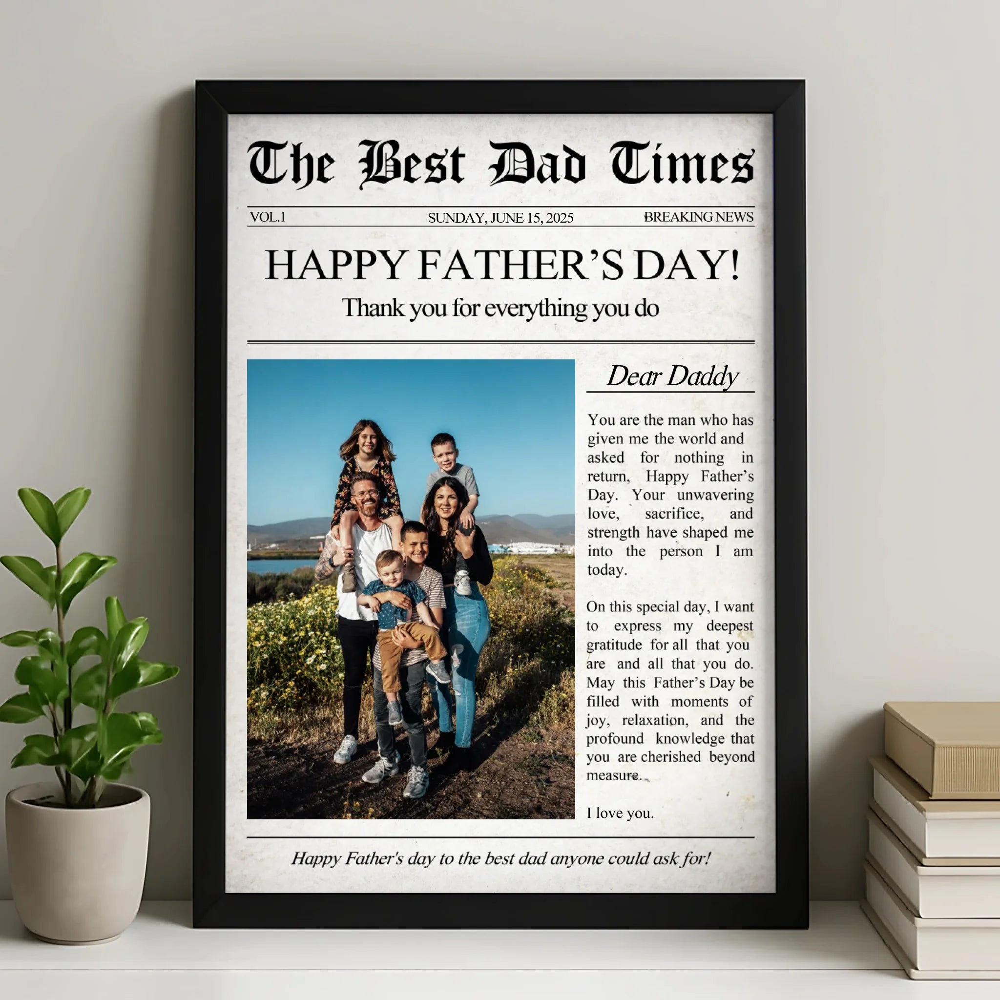 Best Dad Times personalised photo frame with vintage newspaper print design