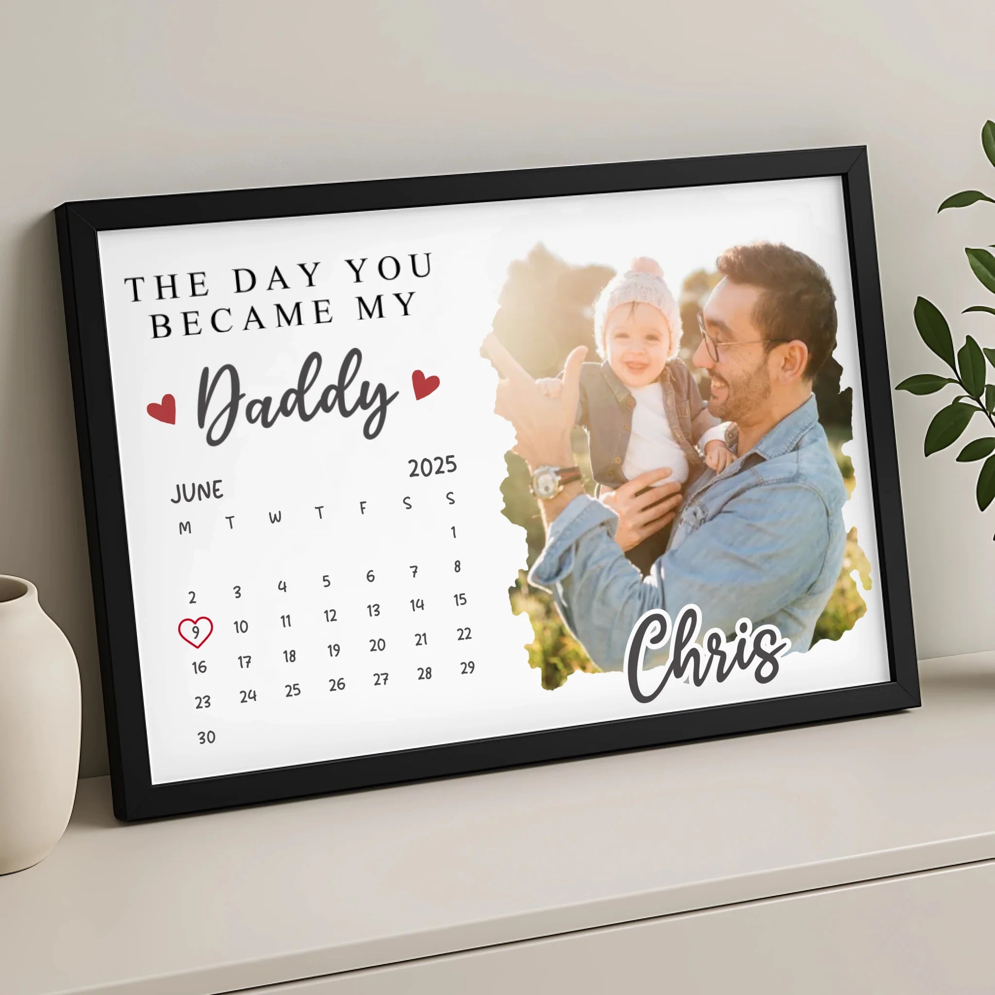 Close-up of The Day You Became My Daddy personalised photo frame showing printed text and photo