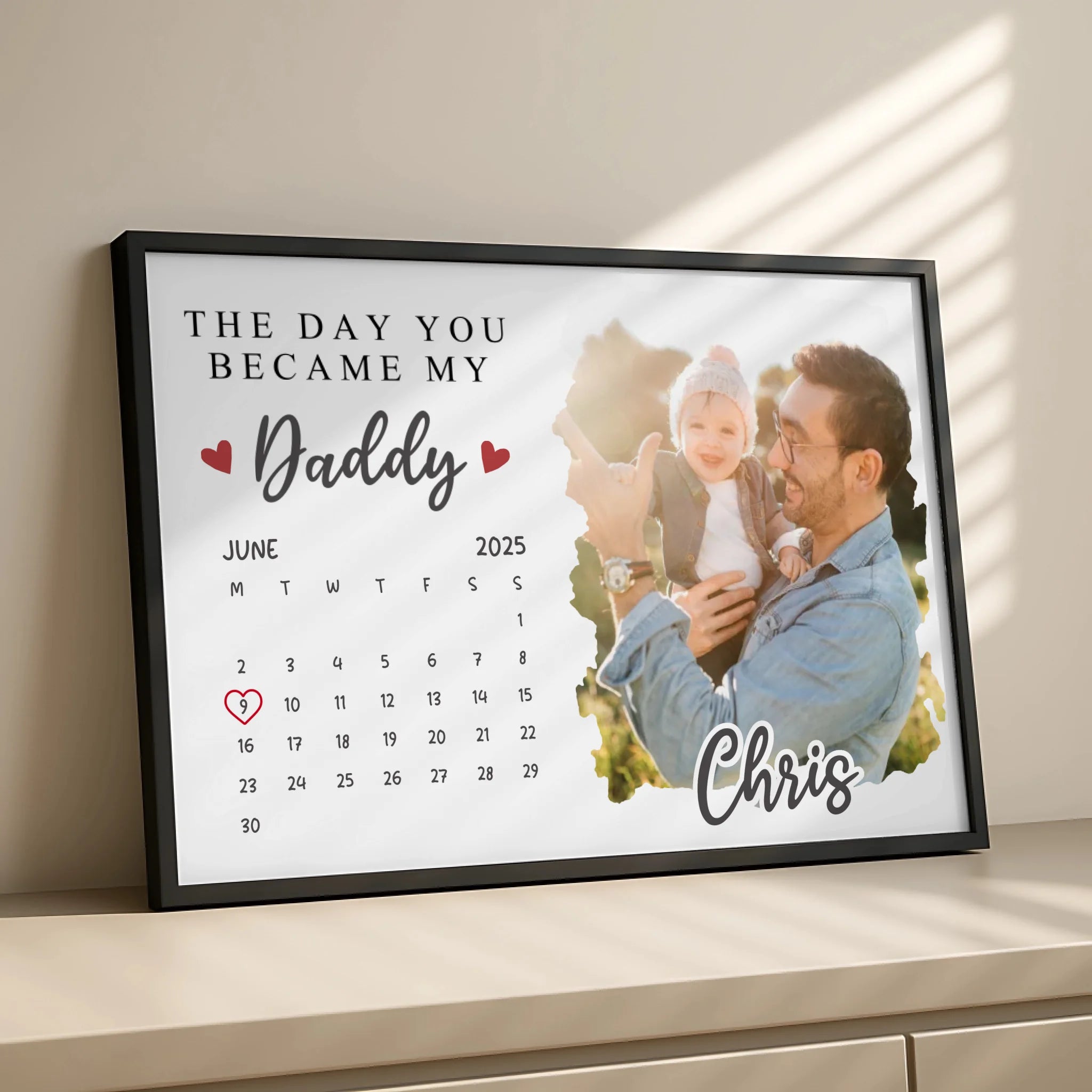 Personalised Father's Day photo frame print displayed on a wall