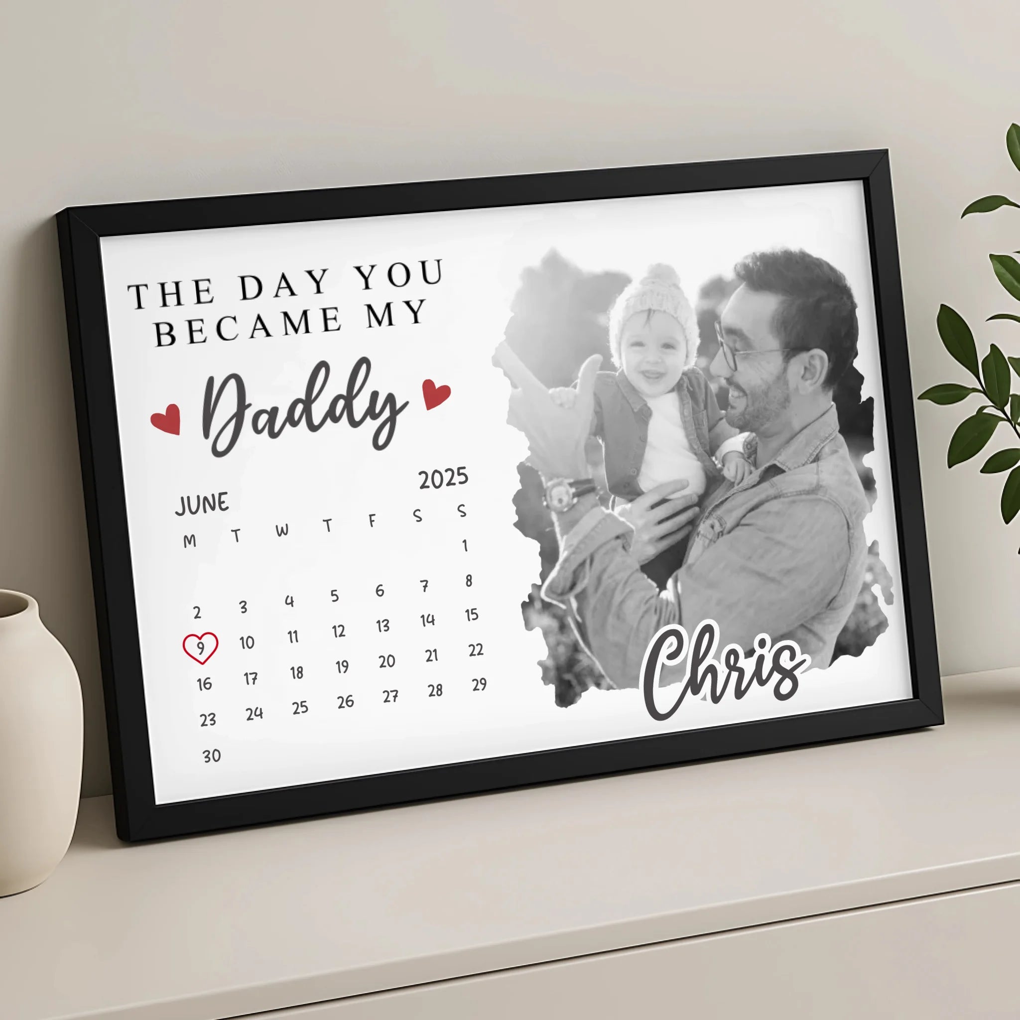 Close-up of personalised daddy photo print showing custom date and photo layout