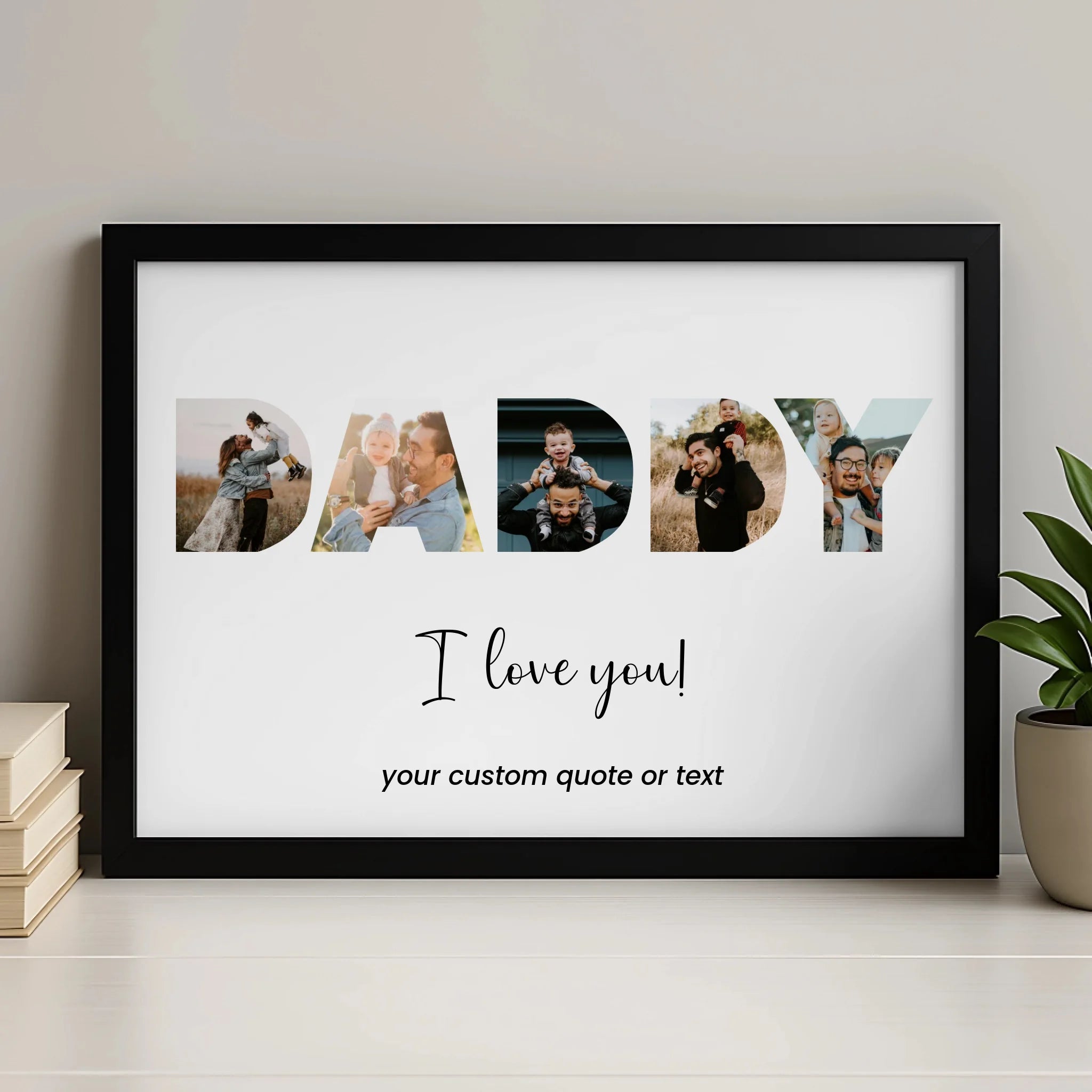 Personalised DADDY photo letter print in a frame, showing family photos shaped into each letter
