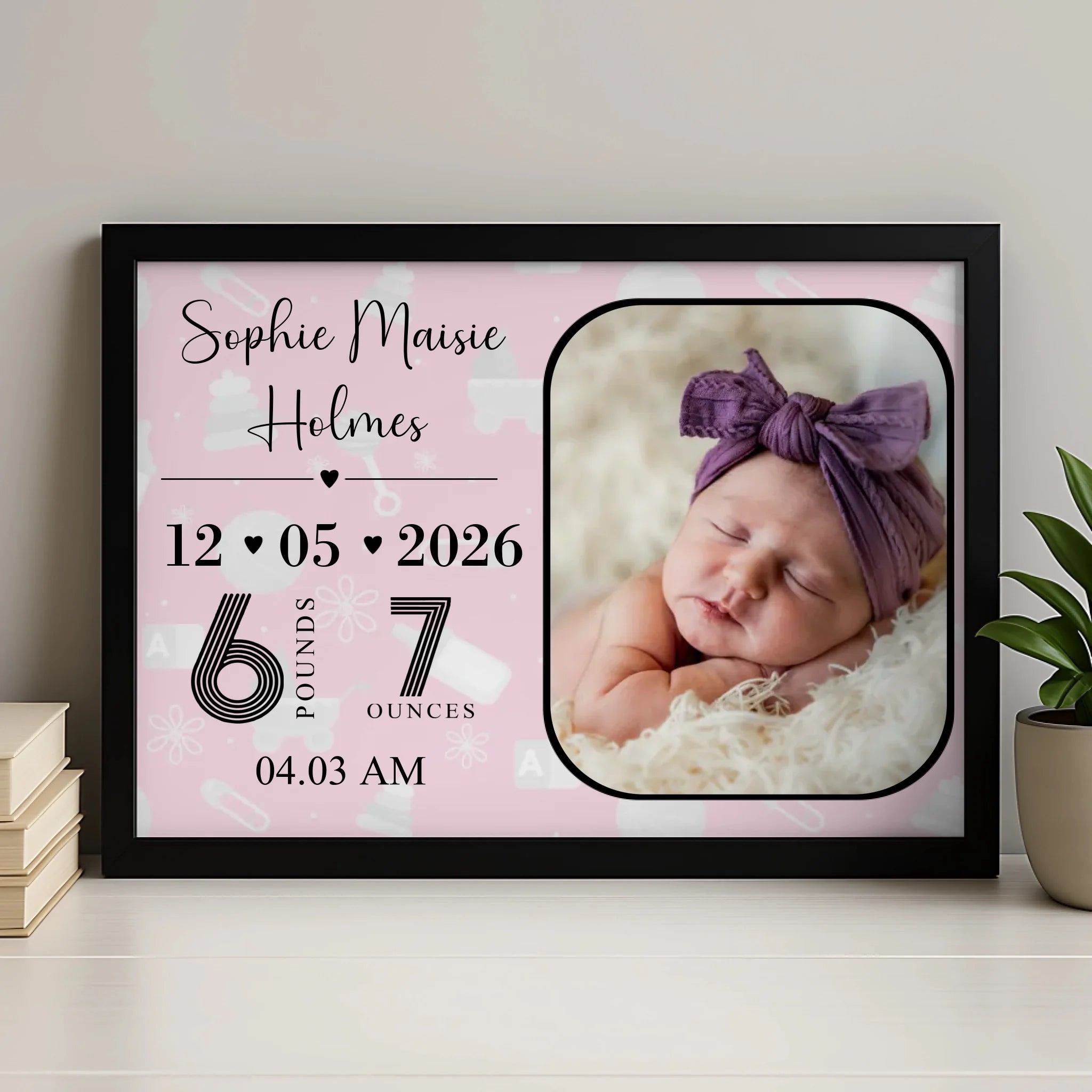 Personalised photo frame print showing a new baby's name, birth date and weight