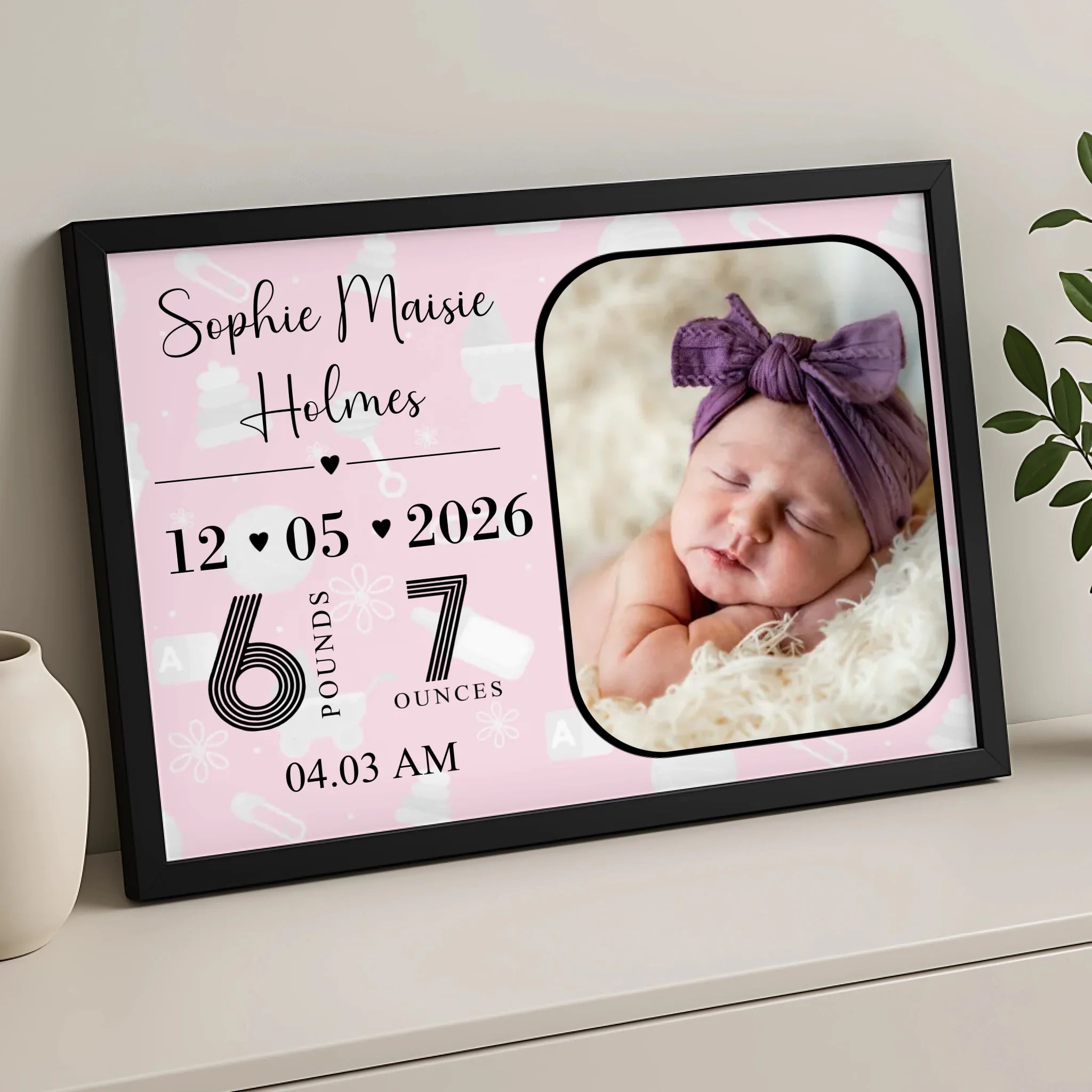 Custom new baby birth announcement print with name and arrival details for a nursery