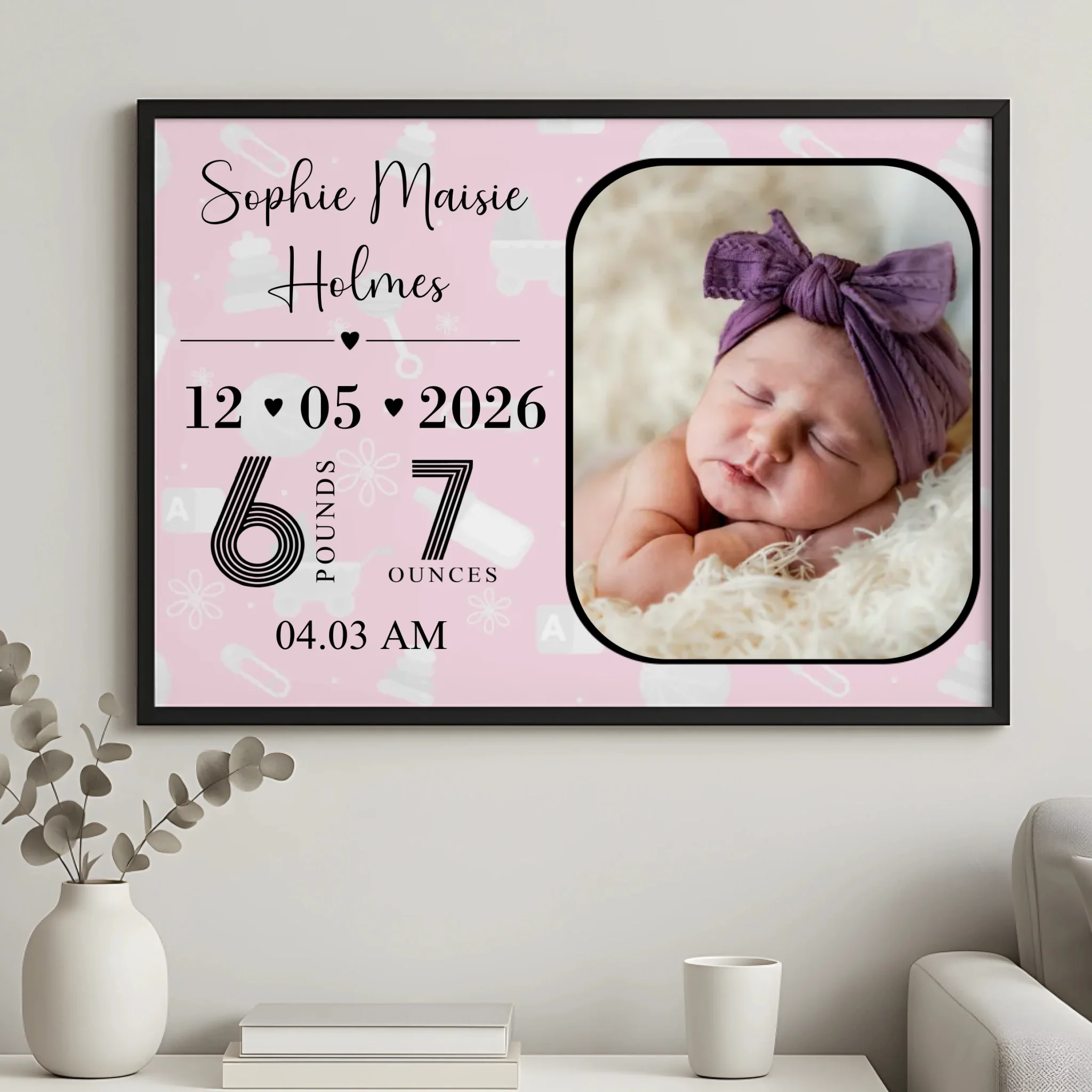 Personalised baby keepsake photo frame print with birth weight and arrival time