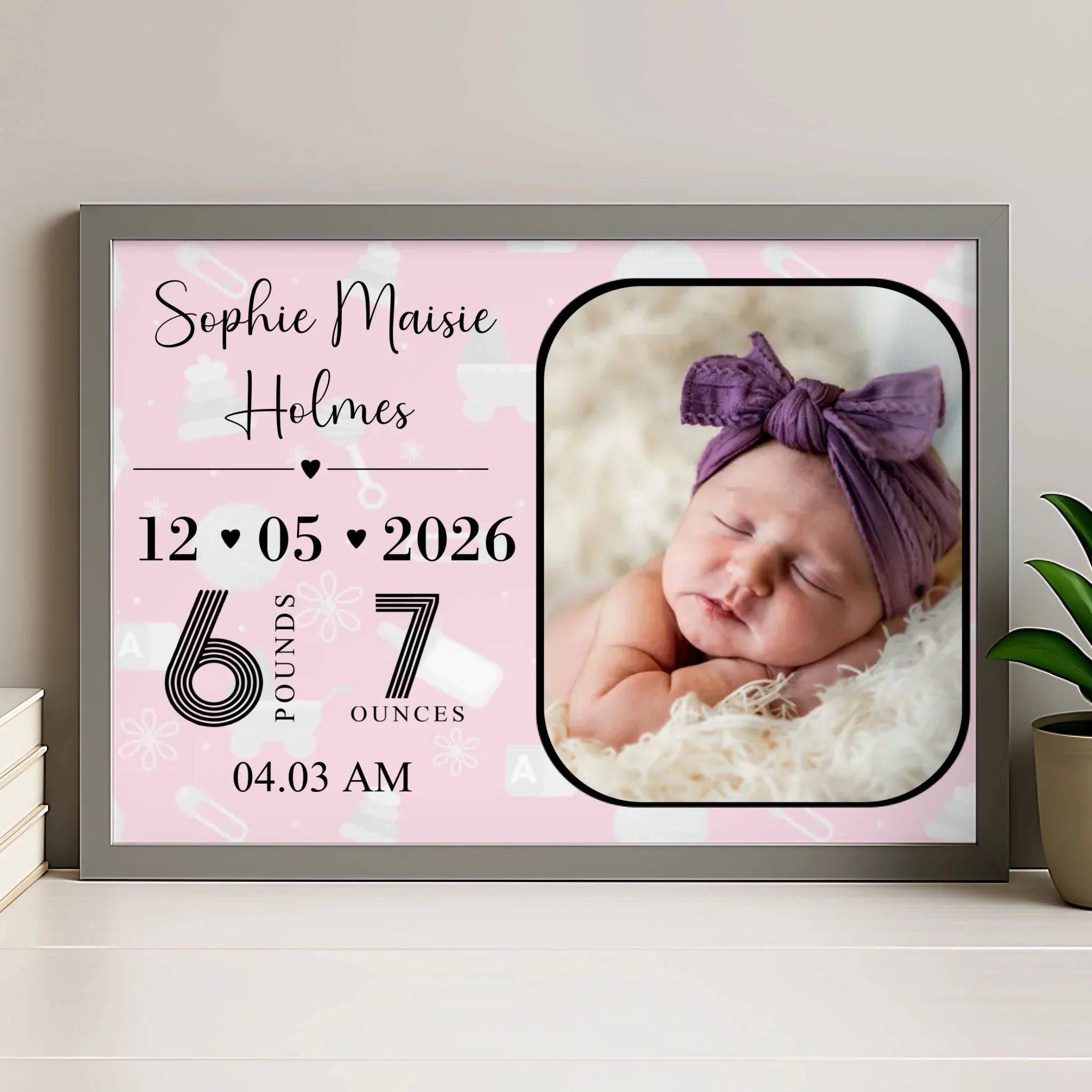 New baby birth date print in a grey photo frame personalised with name and weight