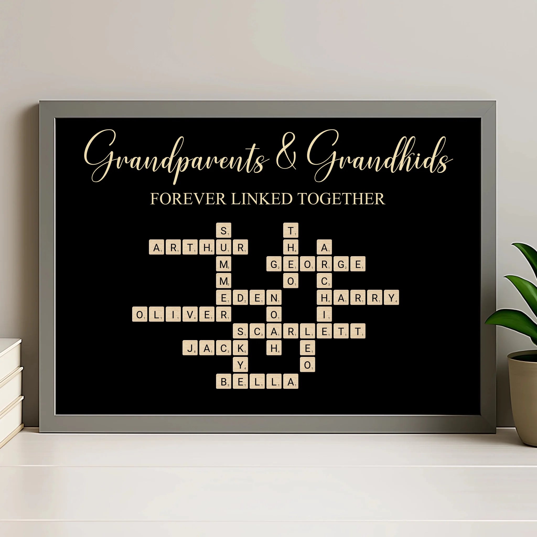 Personalised grandparents crossword print in a grey photo frame