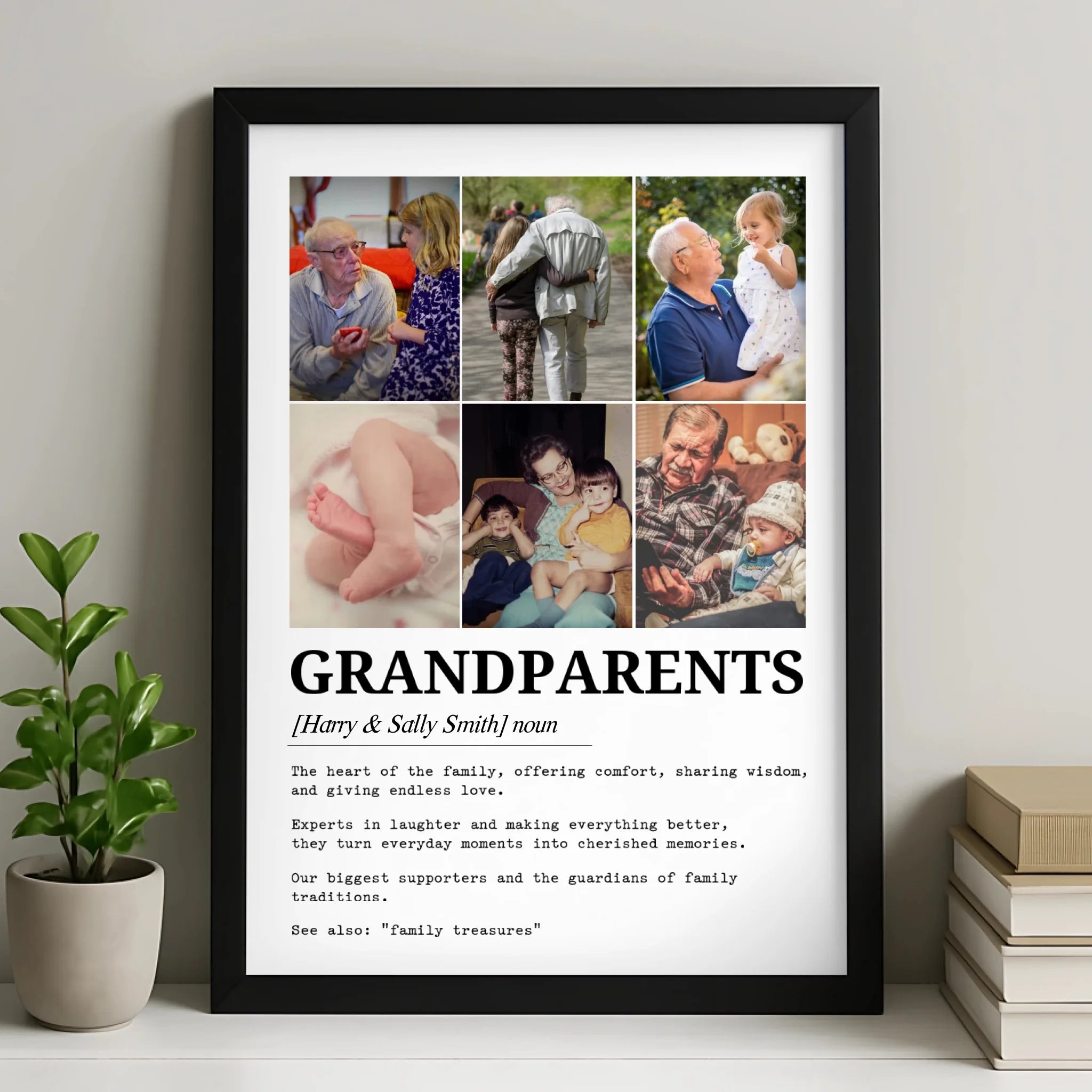 Personalised grandparents definition photo frame print with six custom family pictures
