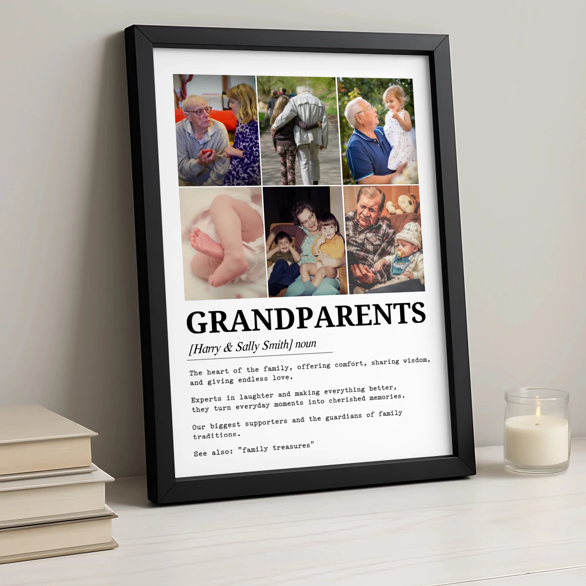 Custom six-photo grandparents print displayed in a gallery frame on a wall