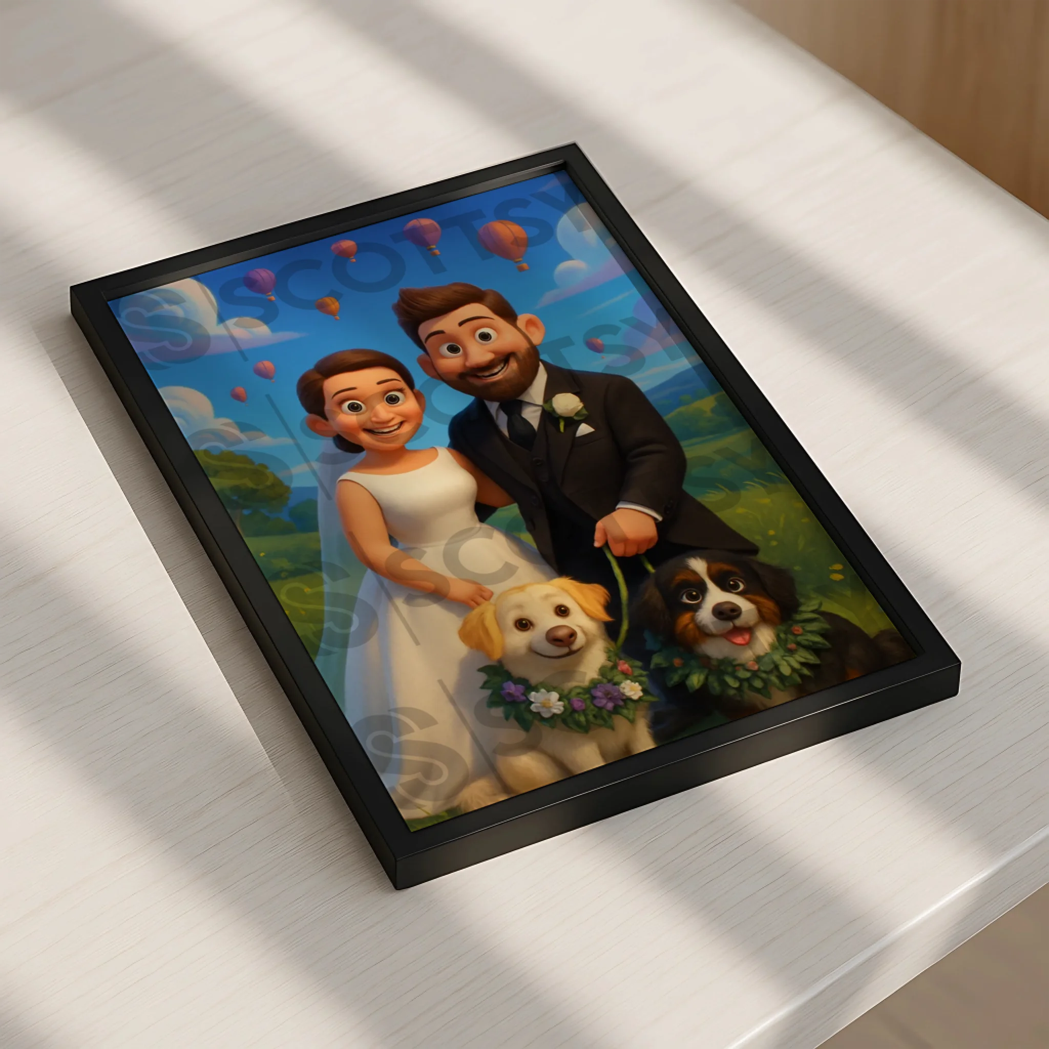 Personalised photo frame with a custom cartoon pet illustration